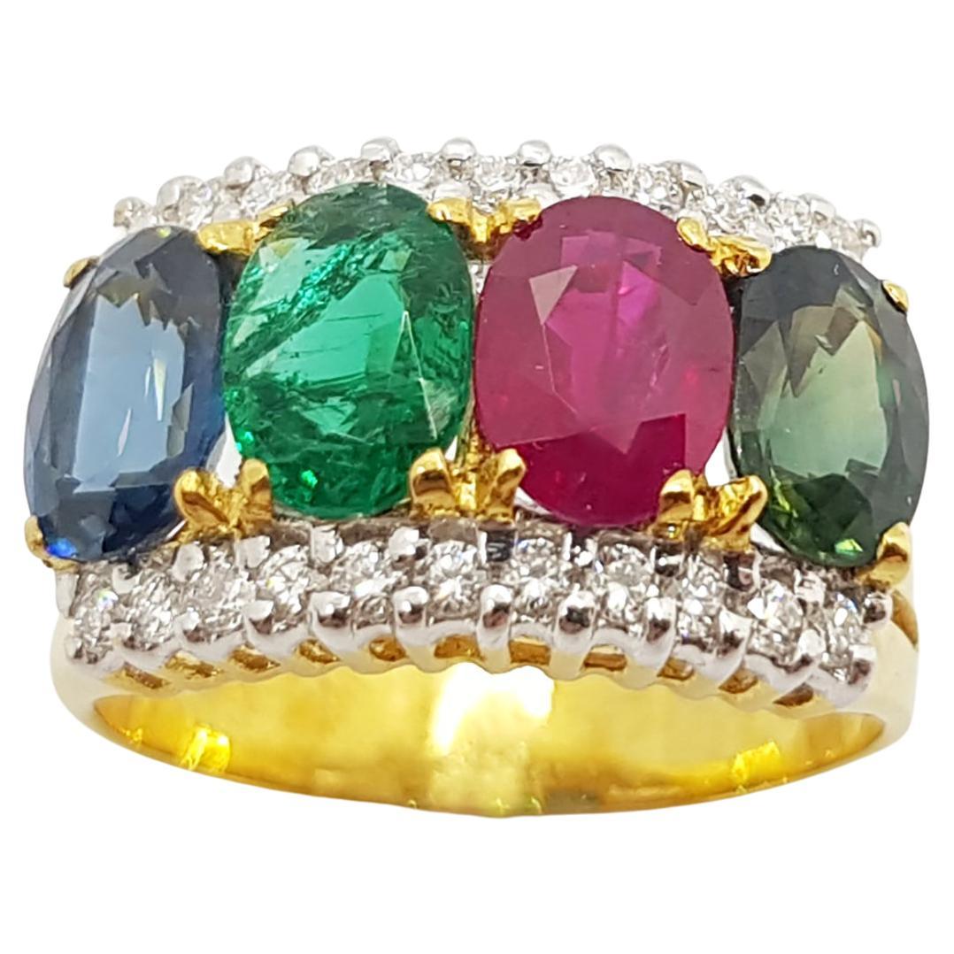 Emerald, Green Sapphire, Ruby, Blue Sapphire Ring Set in 18 Karat Gold Settings For Sale