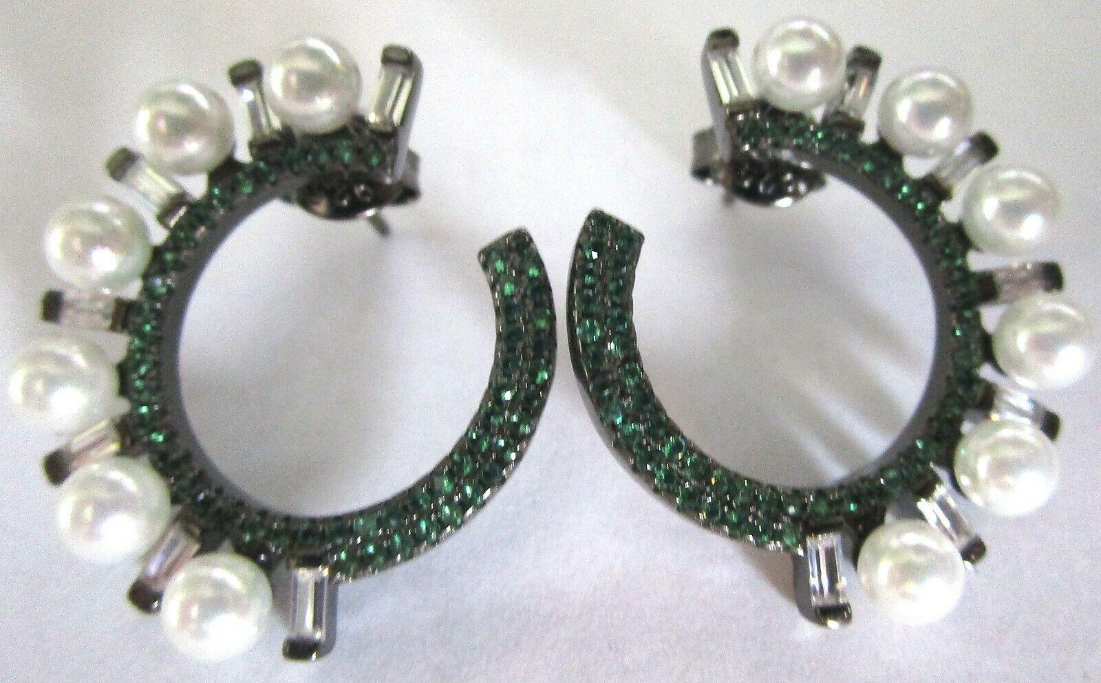 Contemporary Emerald Green Sparkling Ice CZ Faux Pearl Sterling Silver Hoop Earrings For Sale