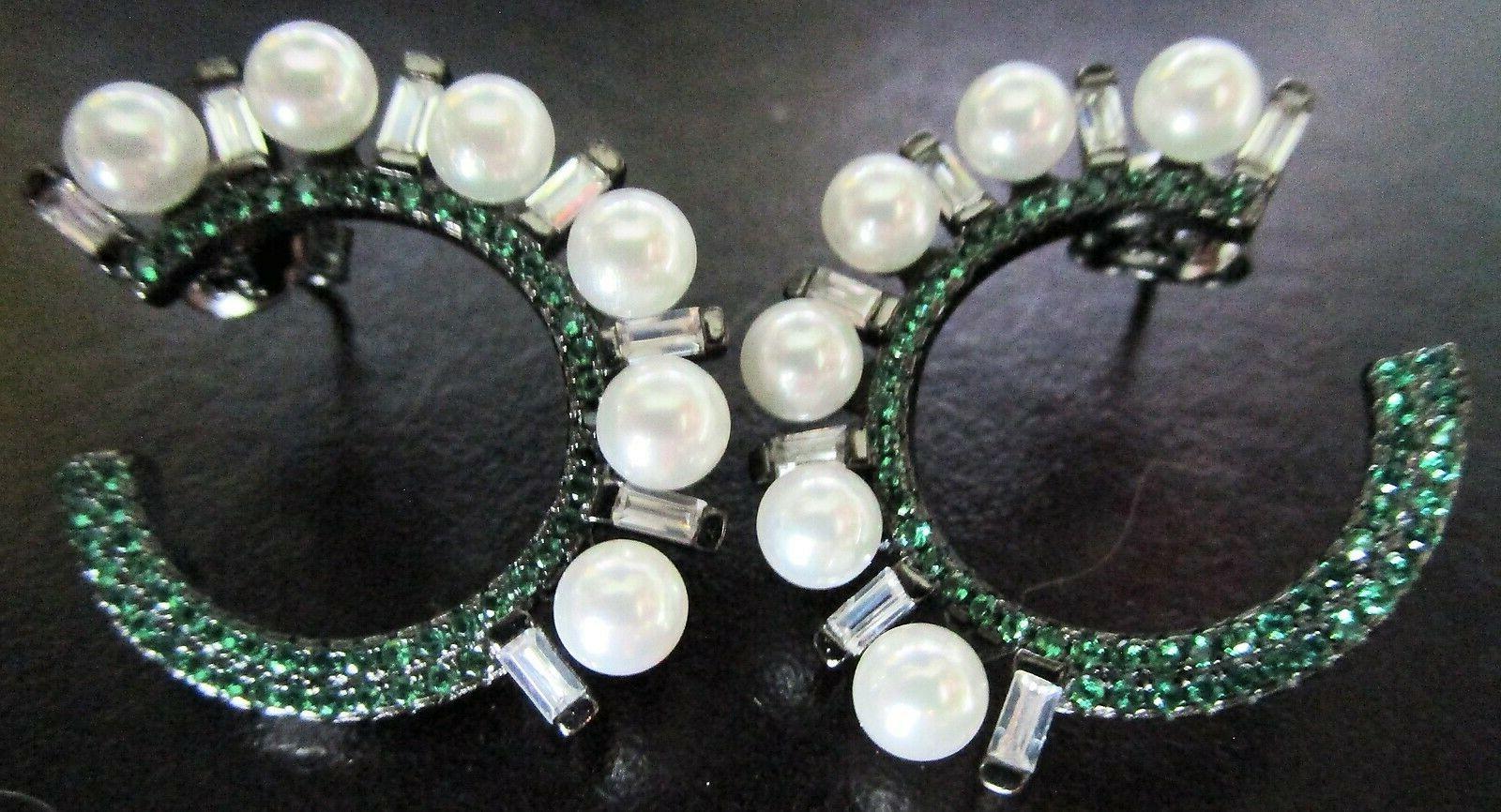 Women's Emerald Green Sparkling Ice CZ Faux Pearl Sterling Silver Hoop Earrings For Sale