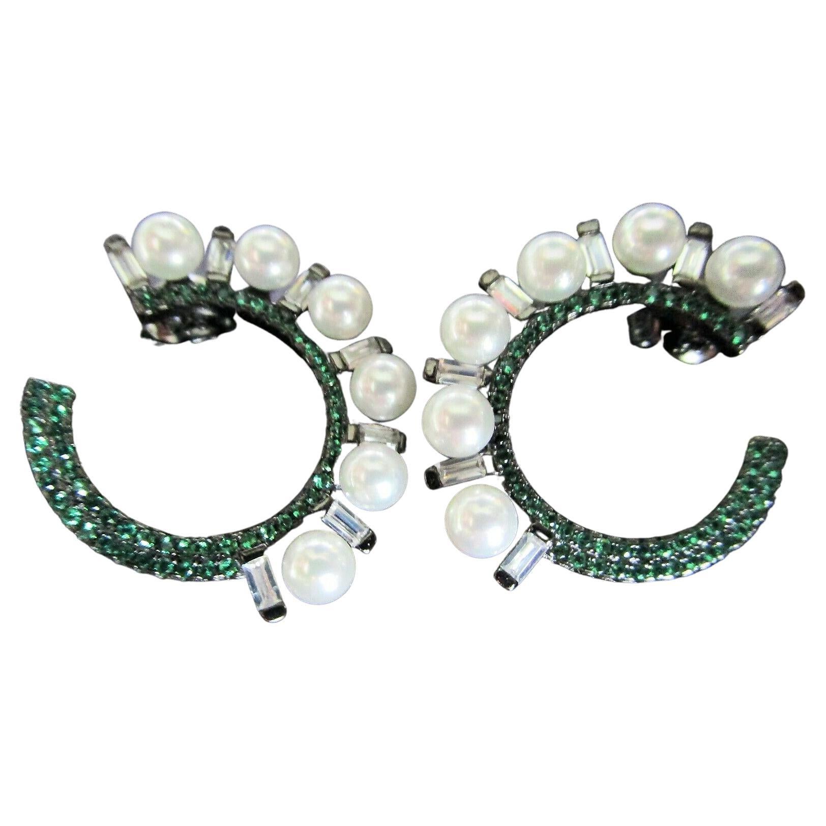 Emerald Green Sparkling Ice CZ Faux Pearl Sterling Silver Hoop Earrings For Sale