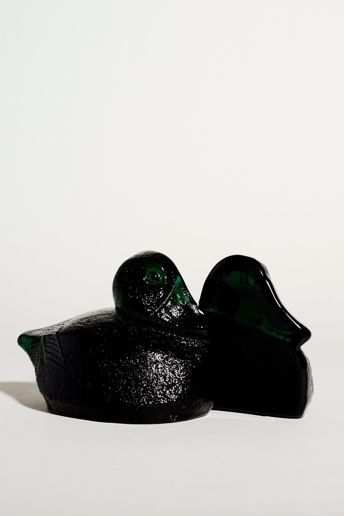 Dark emerald green textured glass duck bookends.