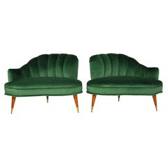 Green Velvet Channel Back Lounge Chairs - Pair