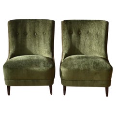 Emerald Green Velvet Slipper Chairs, a Pair