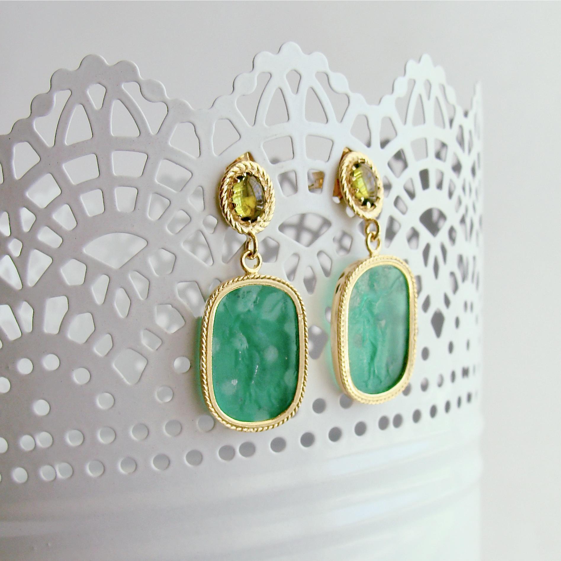 Neoclassical Emerald Green Venetian Glass Intaglios with Peridot Posts, Ravello II Earrings
