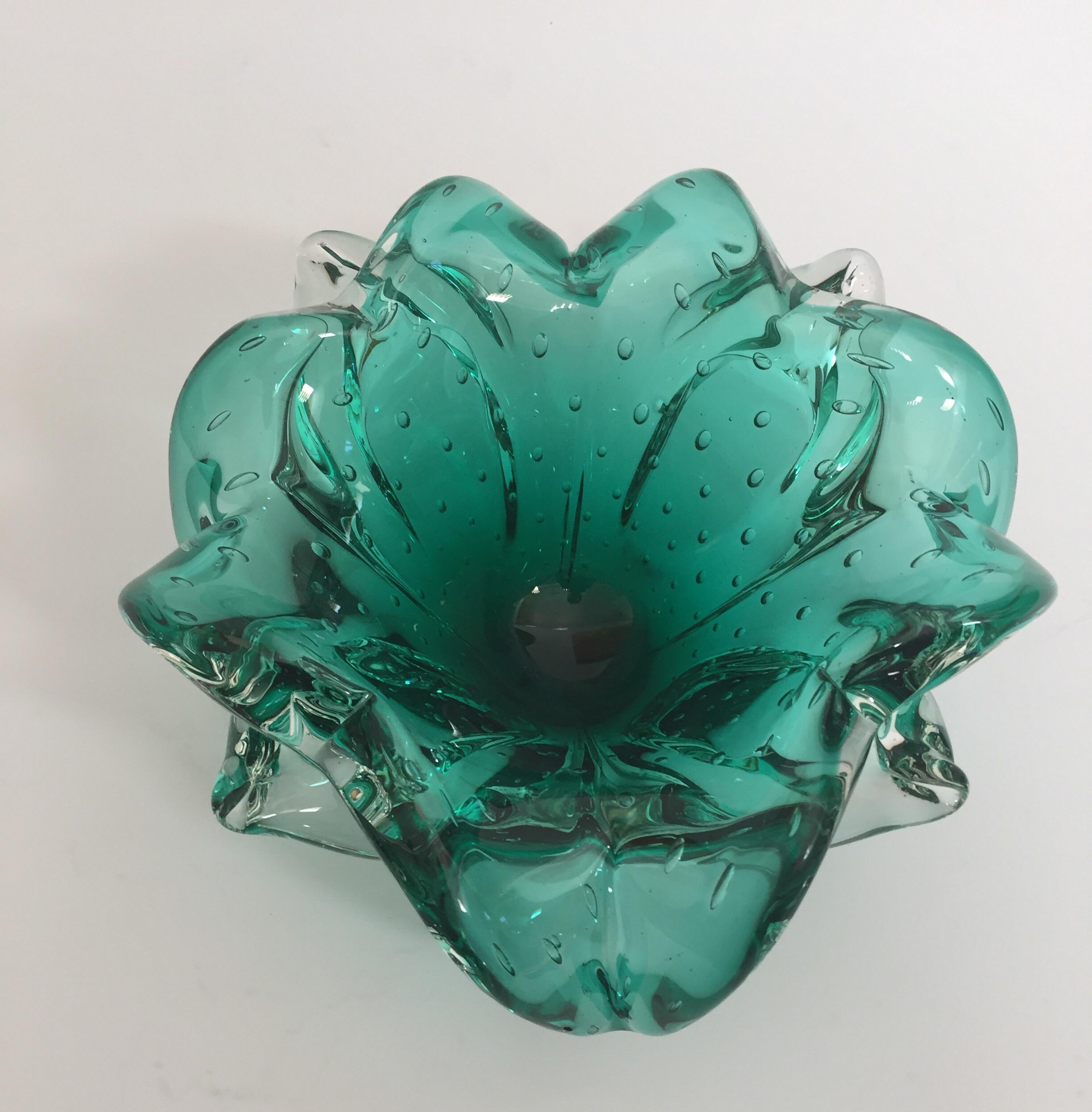 Italian Emerald Green Venetian Hand Blown Glass Ashtray Vide Poche Bowl