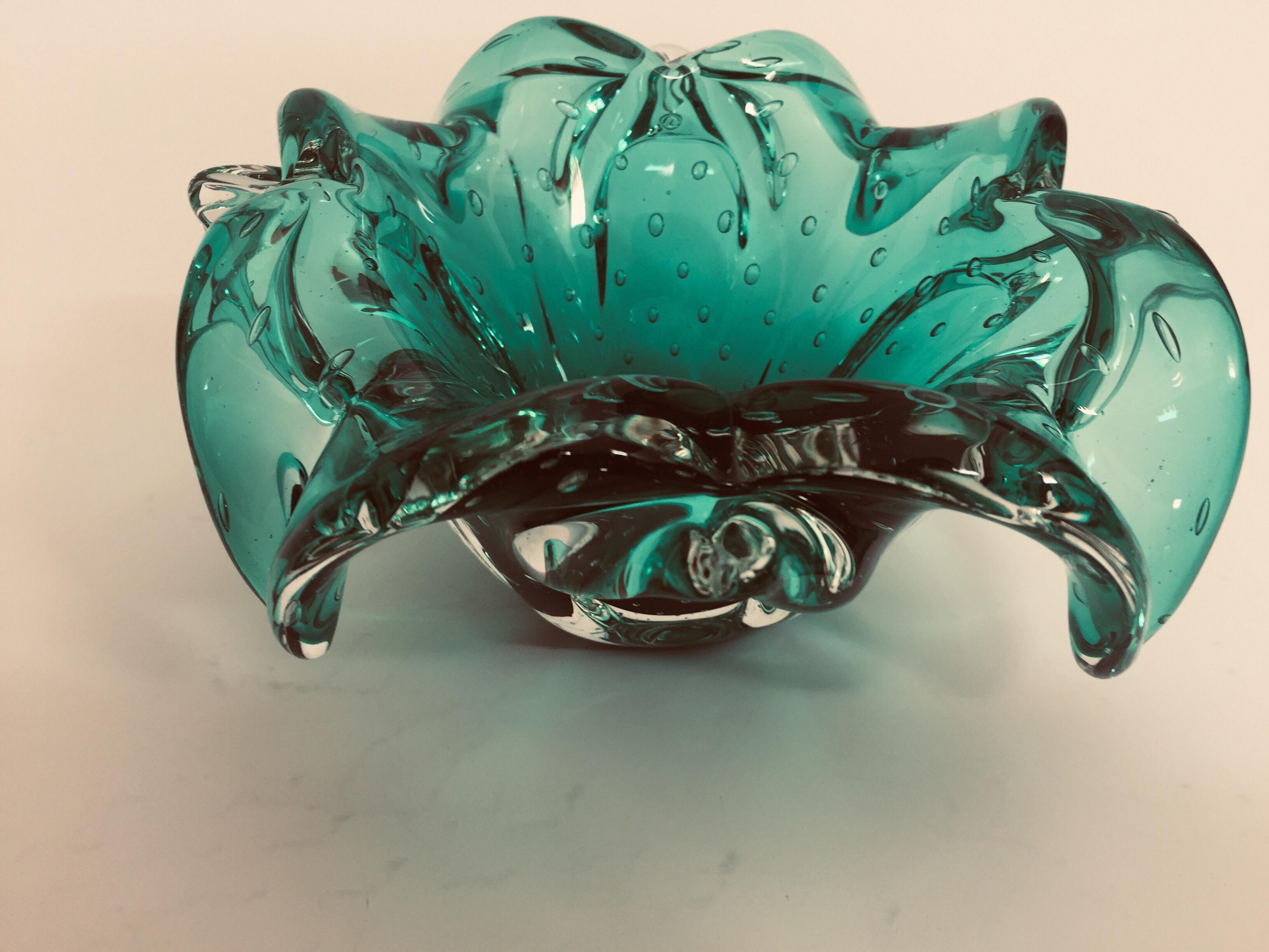 Hand-Carved Emerald Green Venetian Hand Blown Glass Ashtray Vide Poche Bowl