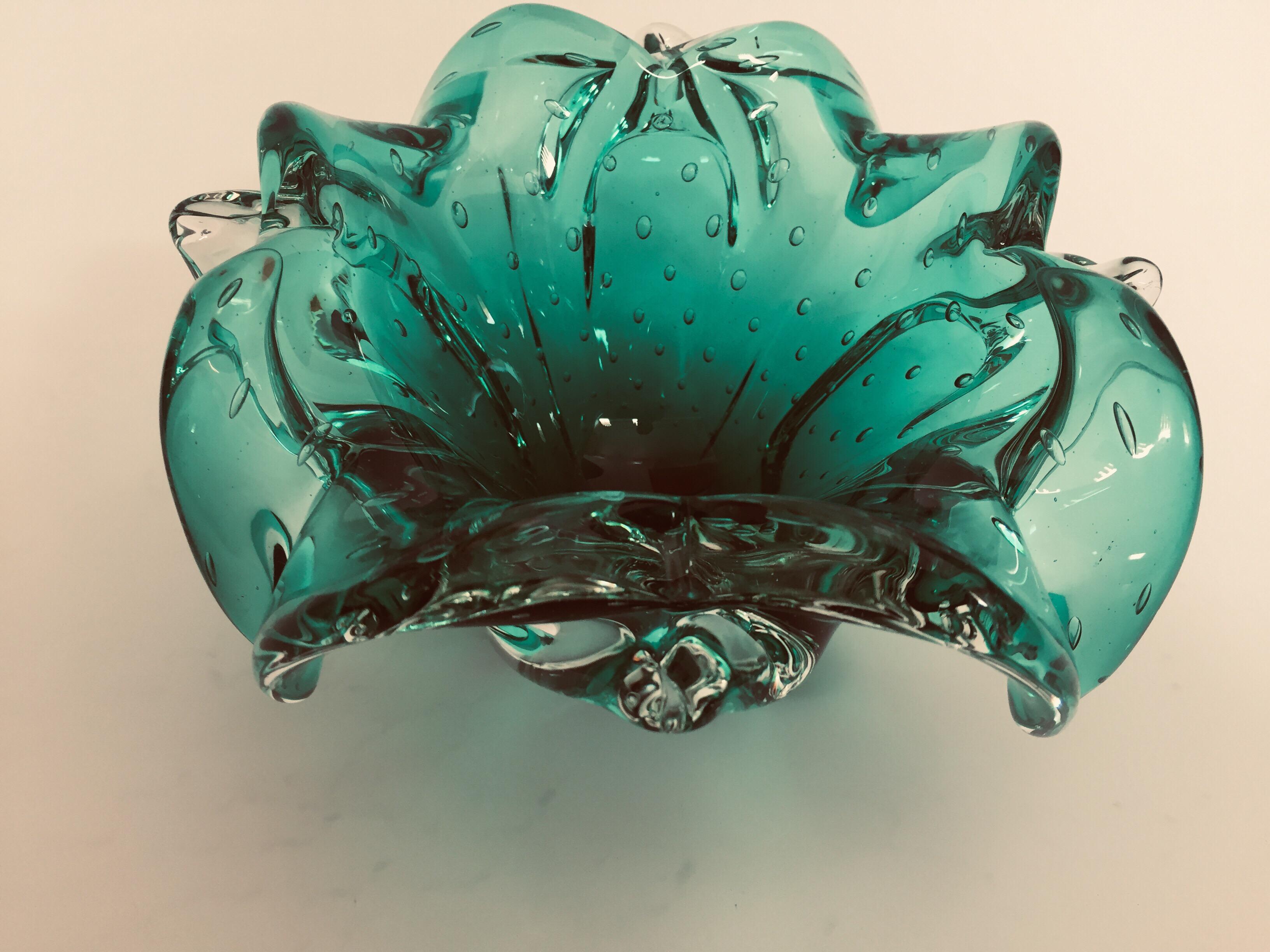 Emerald Green Venetian Hand Blown Glass Ashtray Vide Poche Bowl In Good Condition In North Hollywood, CA