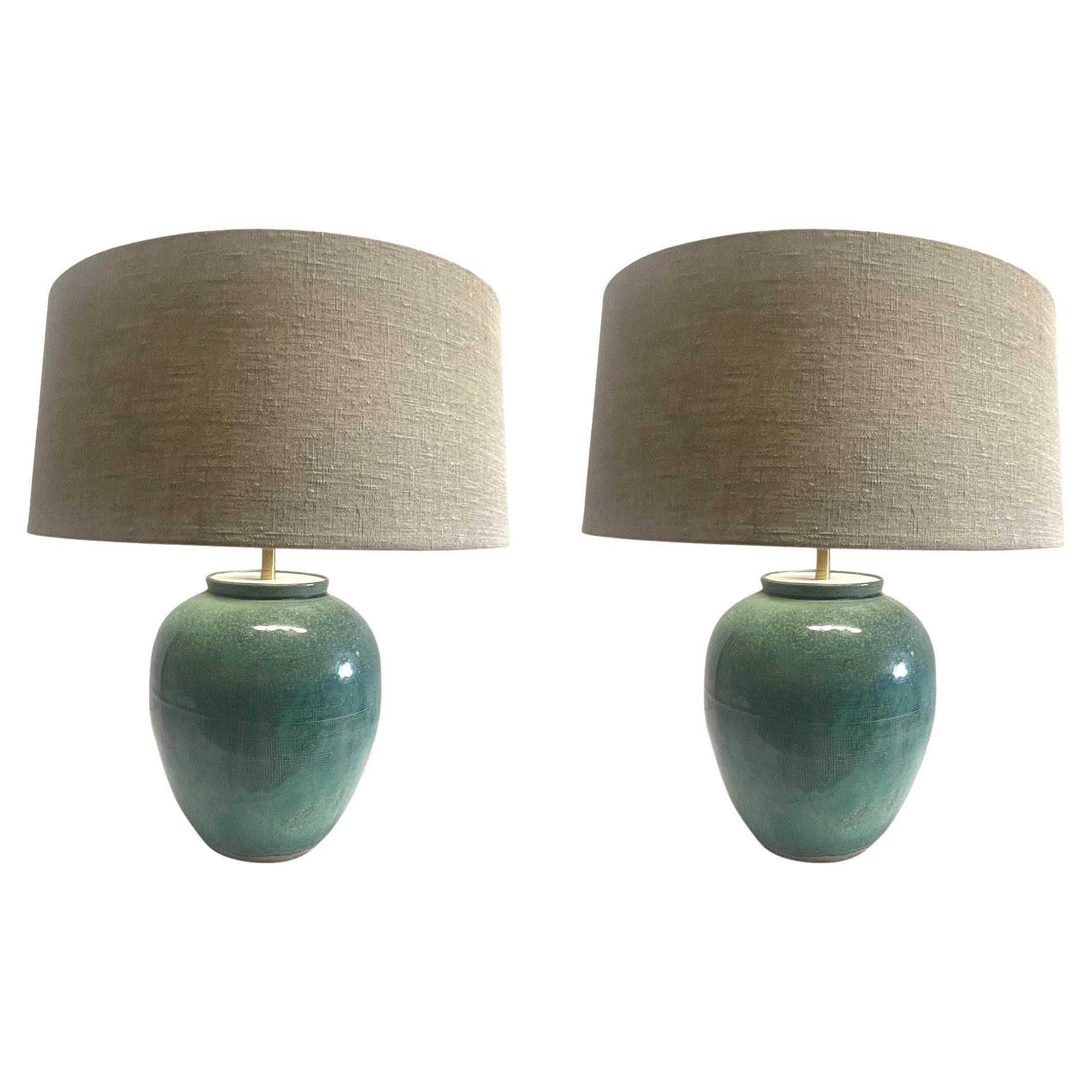 Emerald Green Washed Glaze Pair Lamps, China, Contemporary