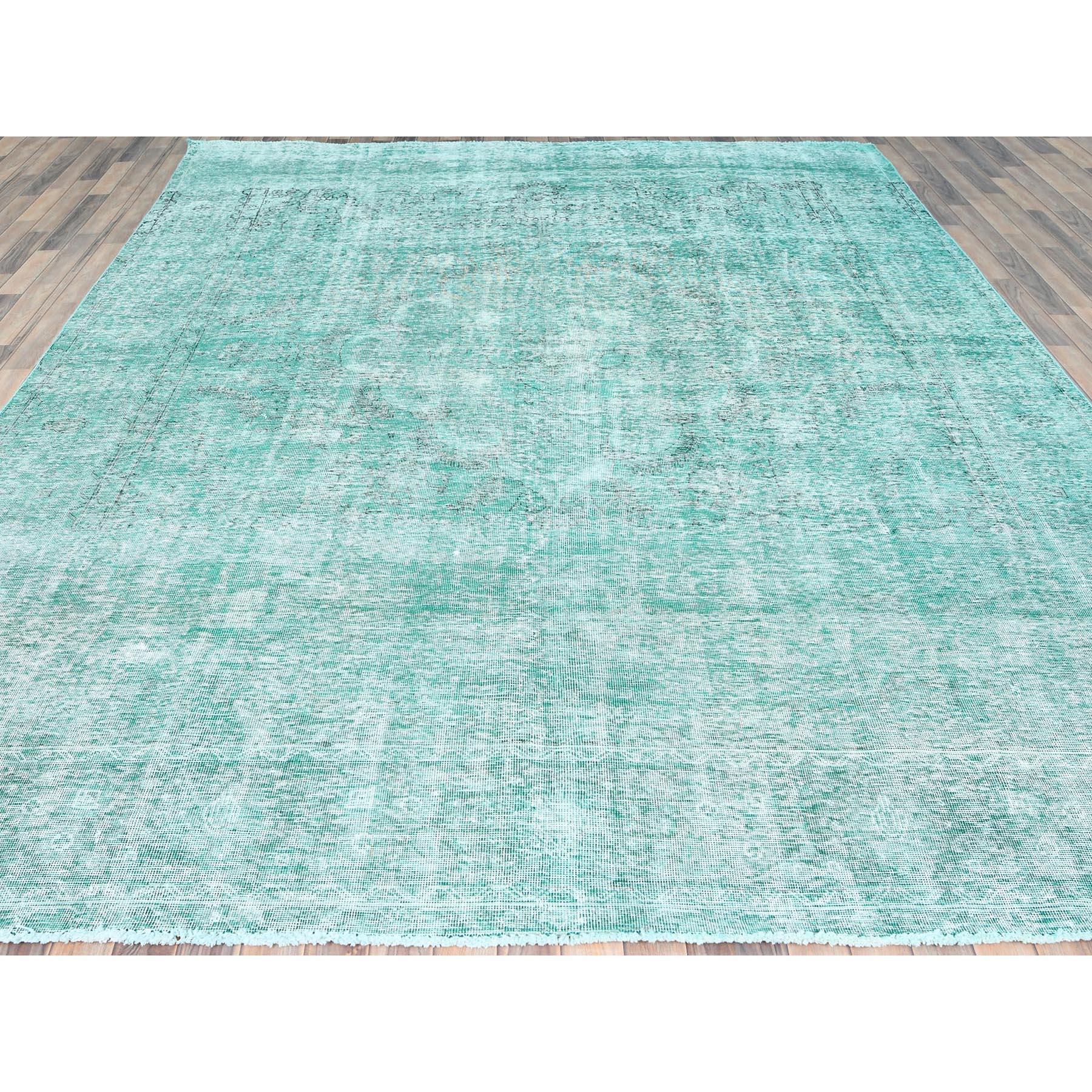 Medieval Emerald Green Wool Hand Knotted Old Persian Tabriz Worn Down Distressed Look Rug For Sale