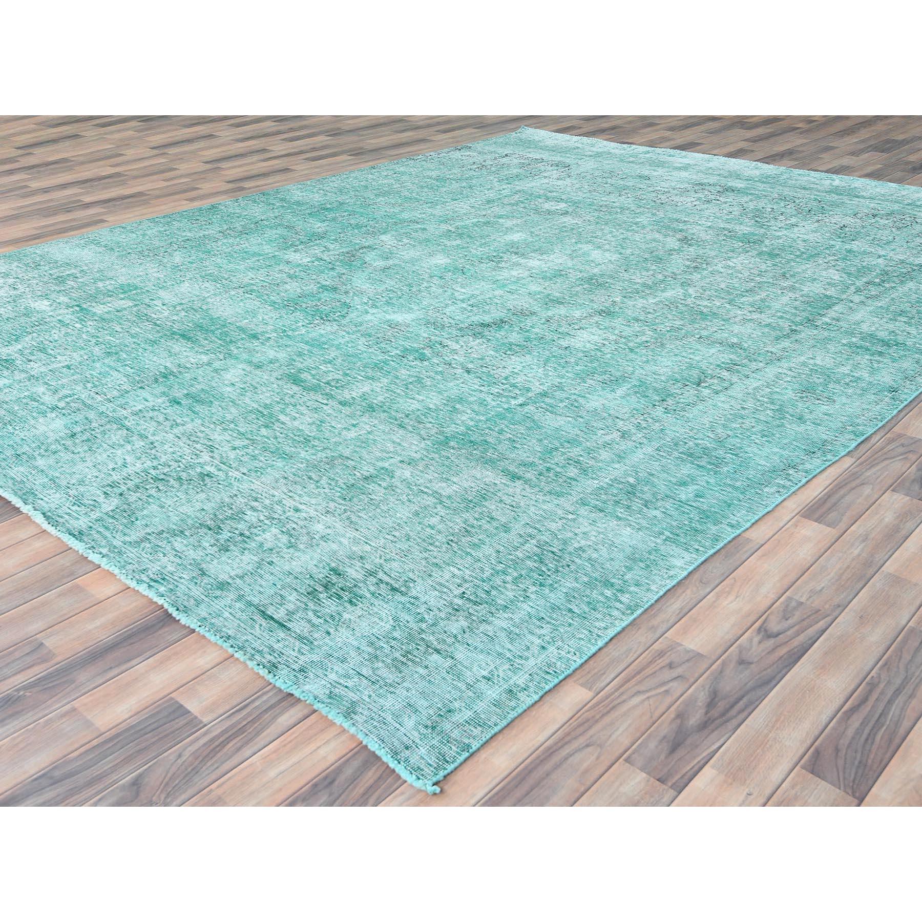 Hand-Knotted Emerald Green Wool Hand Knotted Old Persian Tabriz Worn Down Distressed Look Rug For Sale
