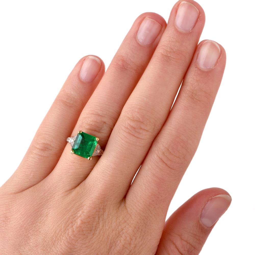 Emerald Cut Emerald Halfmoon & Baguette Diamond Platinum Ring