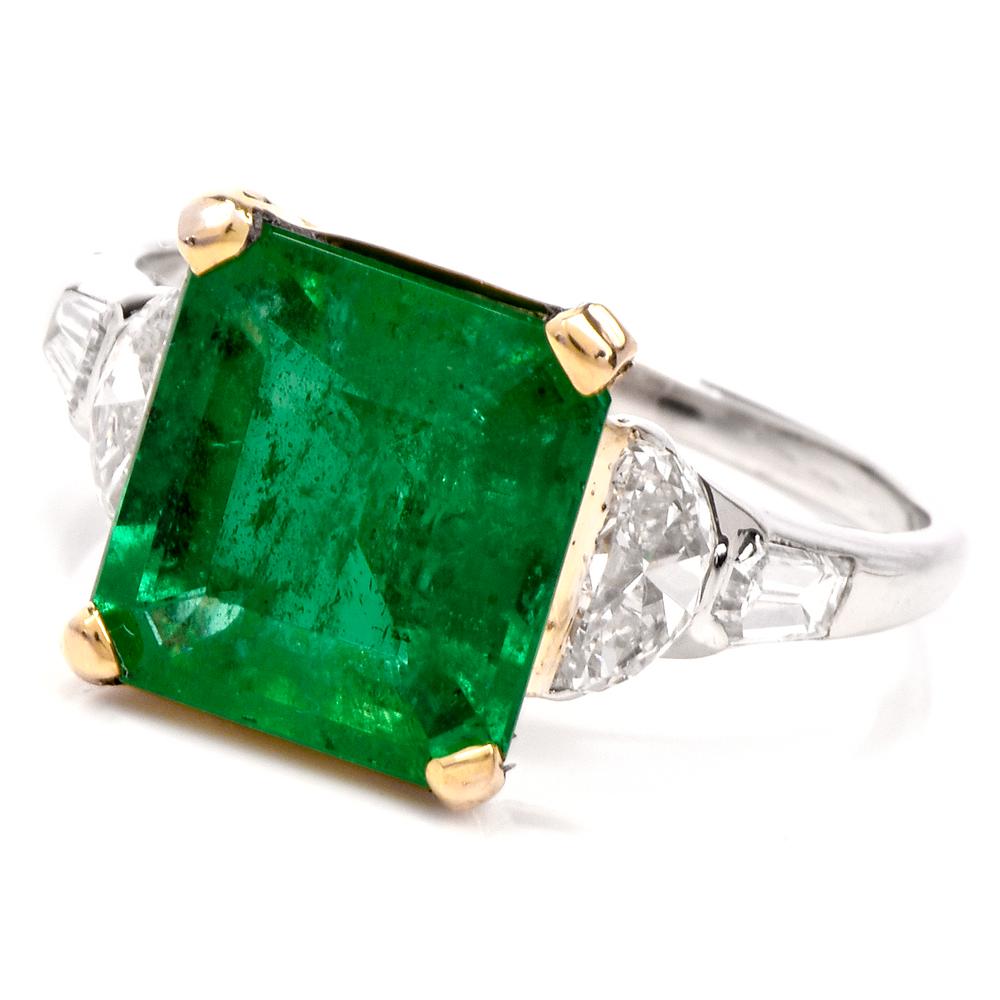 Emerald Halfmoon & Baguette Diamond Platinum Ring In Excellent Condition In Miami, FL