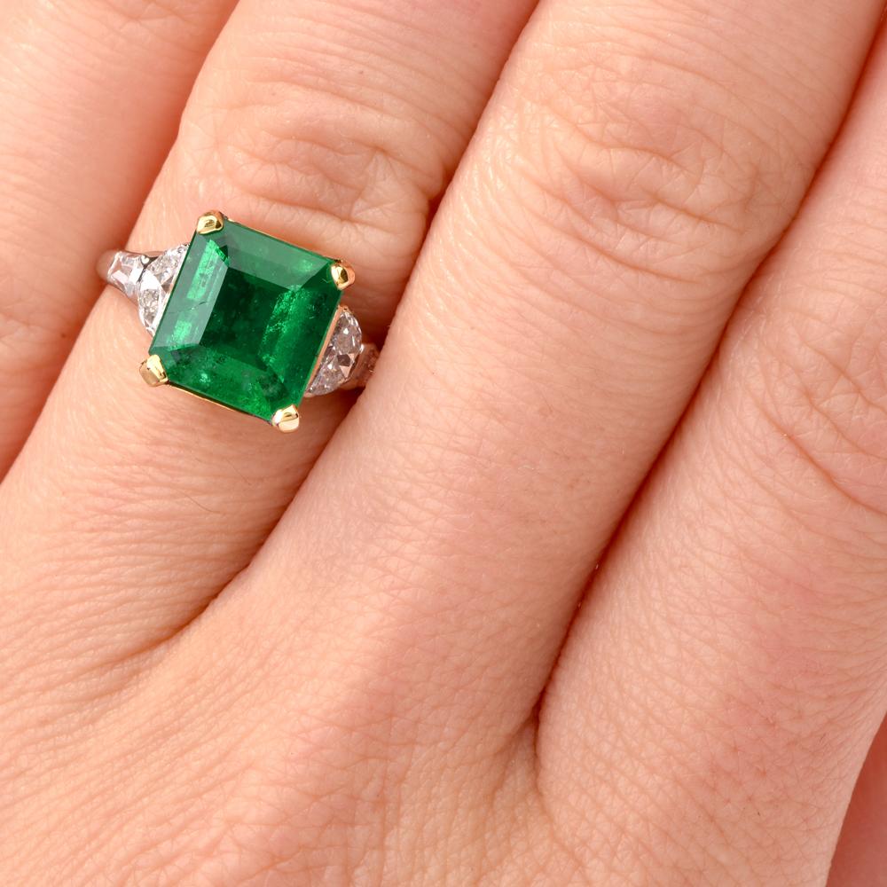 Women's Emerald Halfmoon & Baguette Diamond Platinum Ring