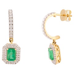 Emerald Halo Diamond Dangle Earrings Gift in 14k Solid Yellow Gold for Wedding