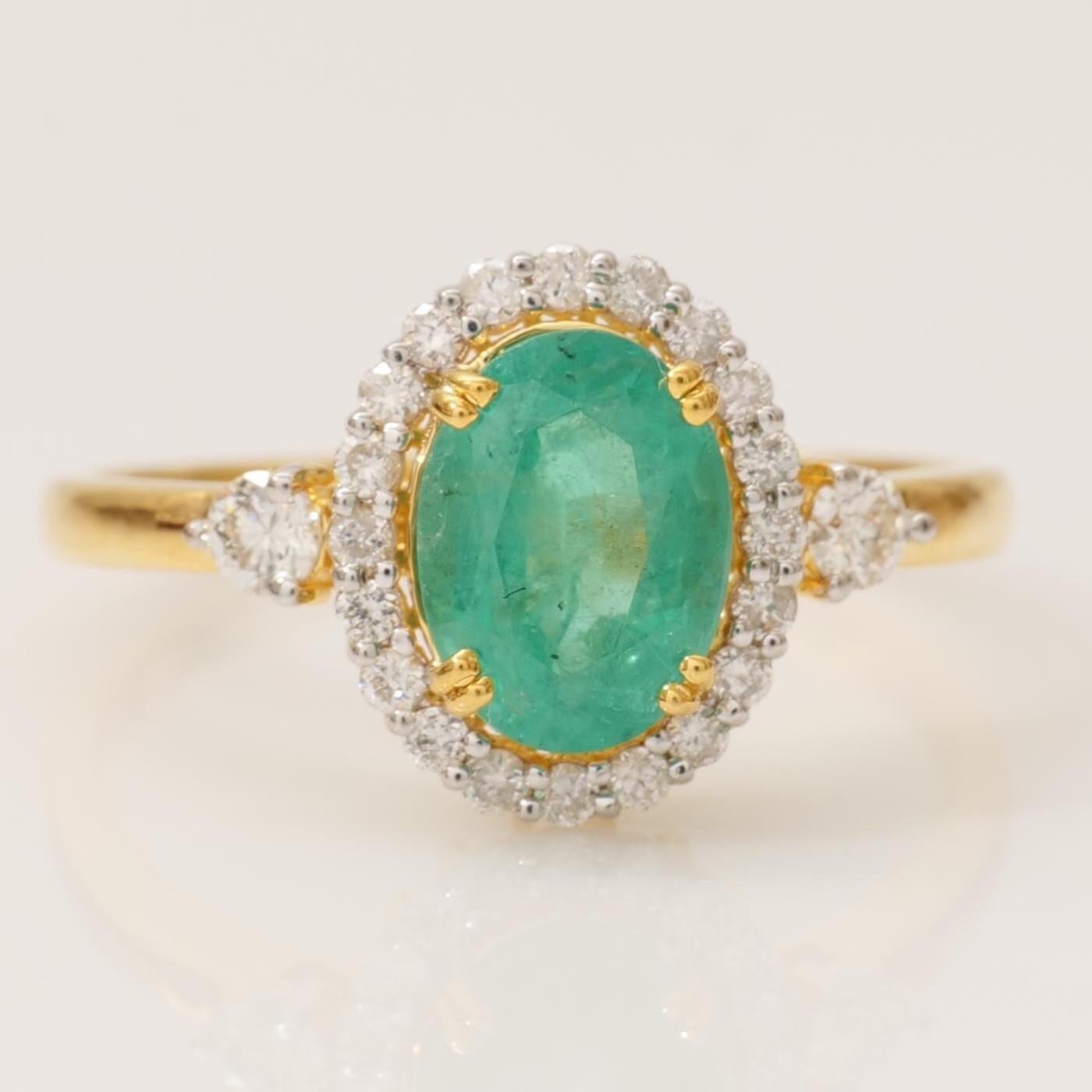 Emerald Halo Diamond Gemstone Ring in 14K Solid Gold (Certified)