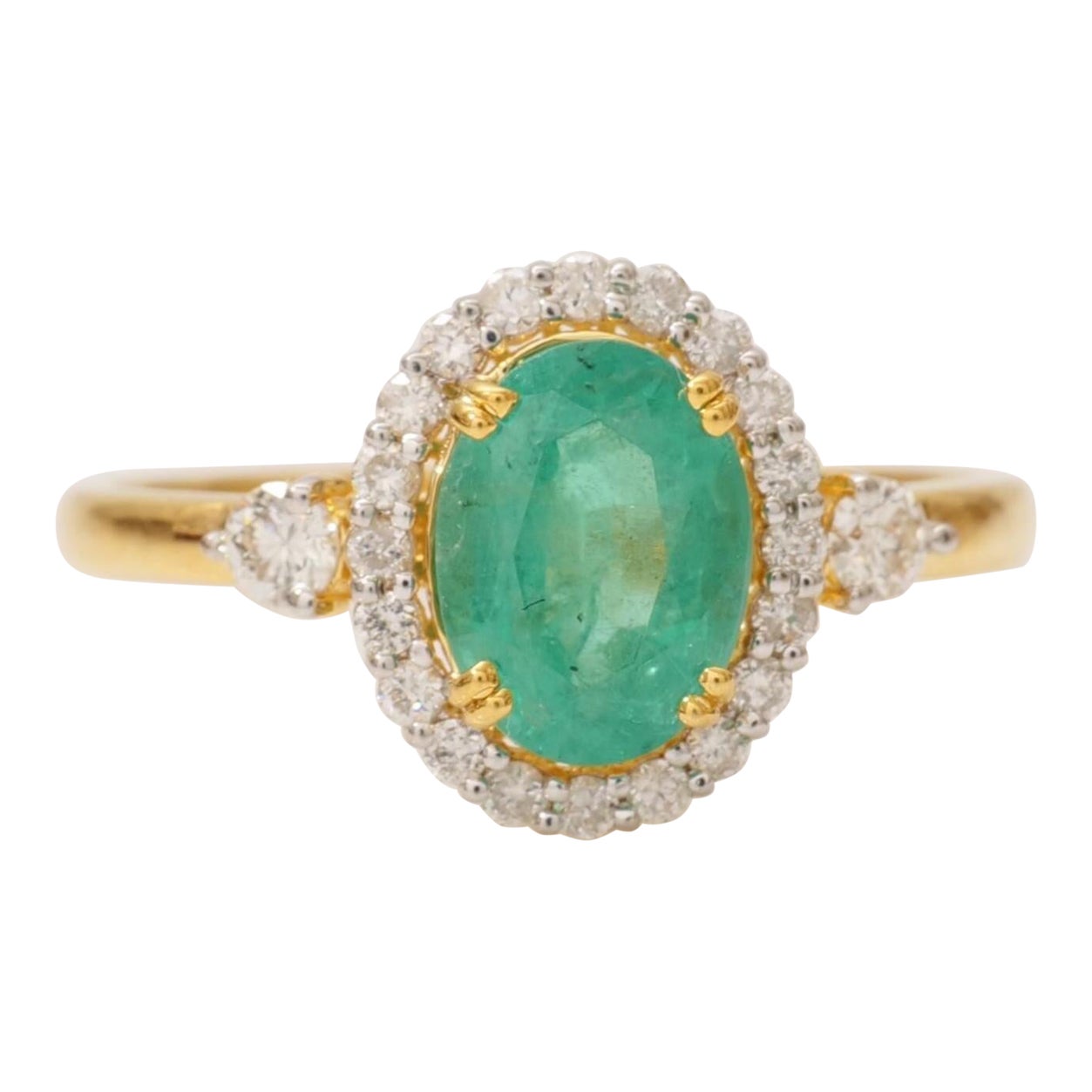 Bague en or massif 14 carats (certifié) avec émeraude et diamant en halo en vente