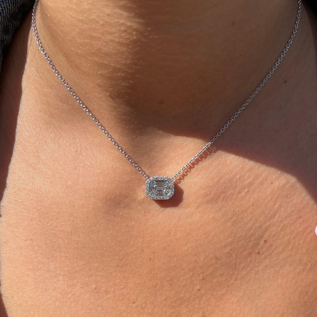 Art Deco Emerald Diamond Necklace in 14k White Gold Halo Diamond Pendant, Shlomit Rogel