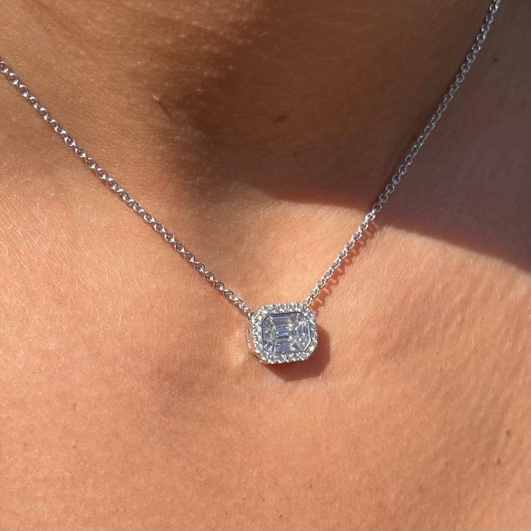 Emerald Cut Emerald Diamond Necklace in 14k White Gold Halo Diamond Pendant, Shlomit Rogel