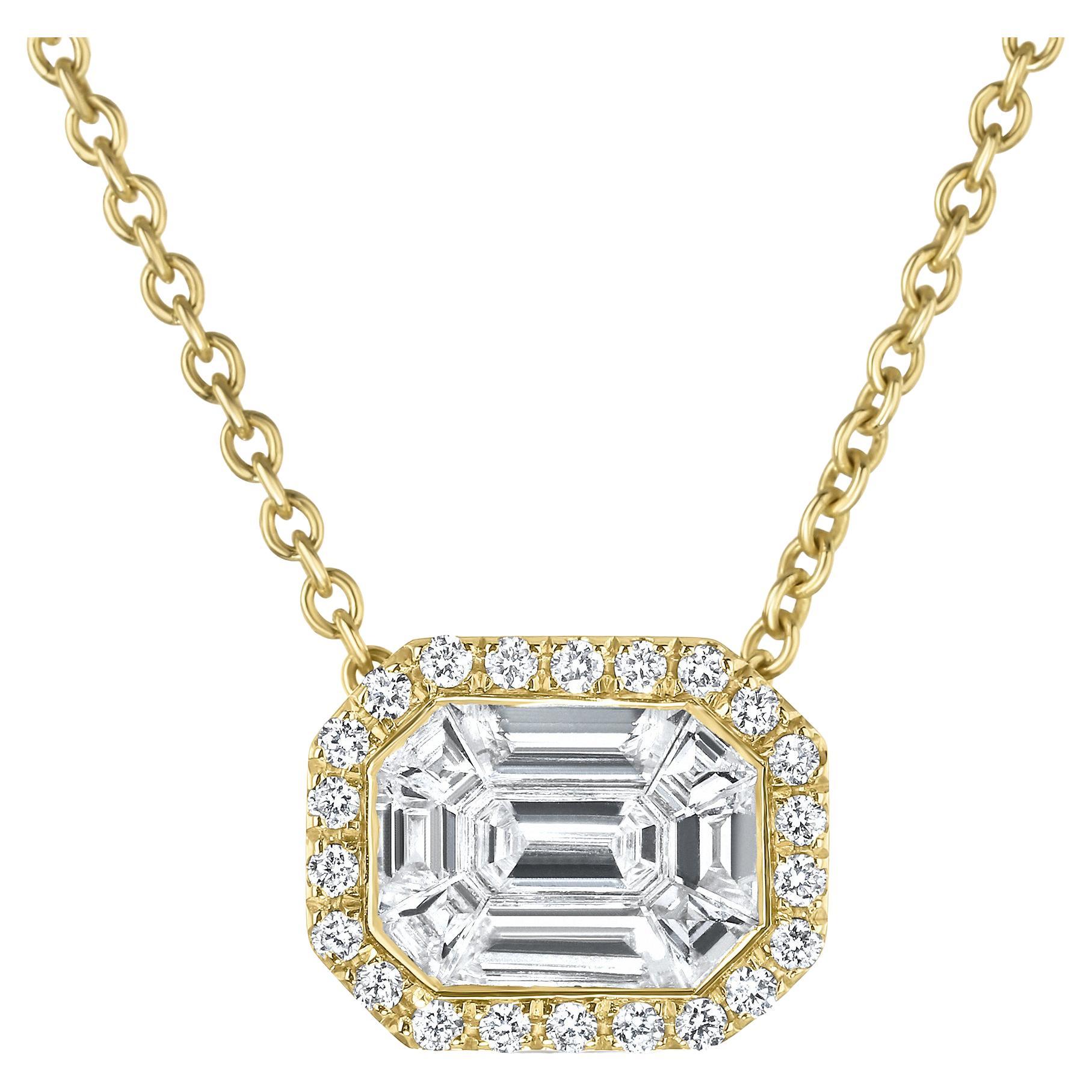 Emerald Halo Diamond Necklace in 14k Yellow Gold, Shlomit Rogel