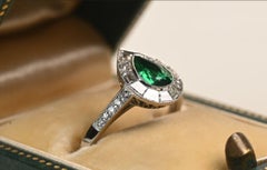 Emerald Halo Engagement Ring. 0.40ct Pear Shape Emerald Diamond Ring Platinum