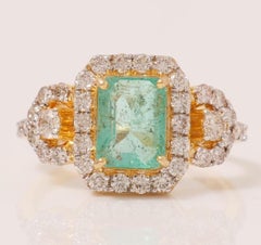 Anello con smeraldo e diamante floreale in oro massiccio 14 carati (certificato)