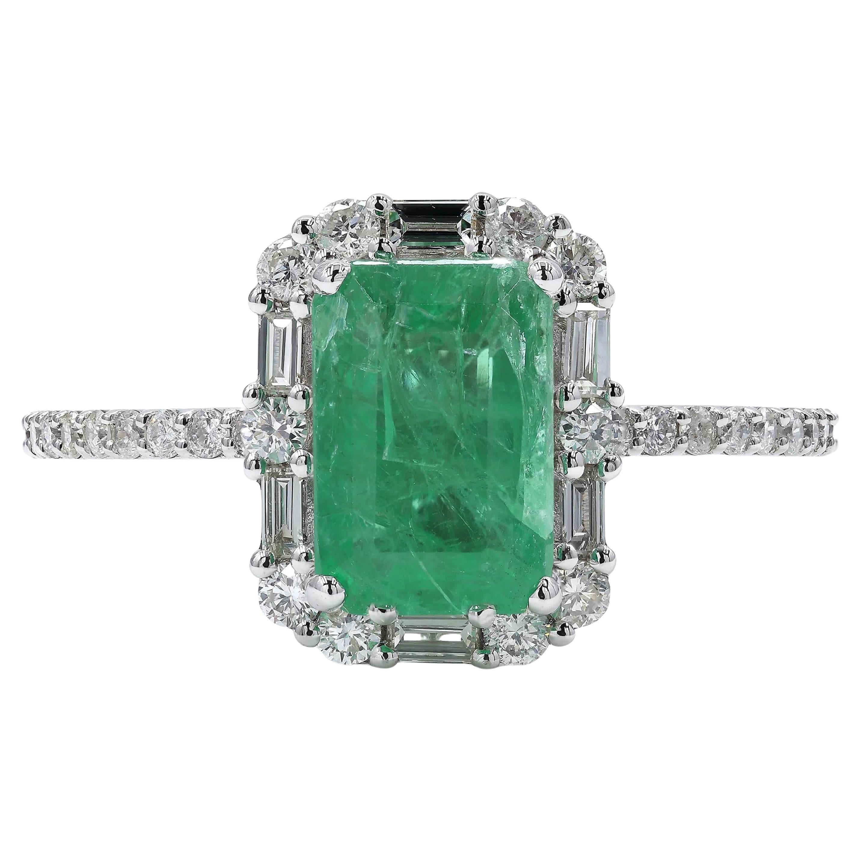Emerald Halo Natural Diamond Gemstone Band Ring in 14k Solid Gold (Certified)