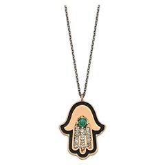 Emerald Hand of Fatima Necklace with Black Enamel by Selda Jewellery