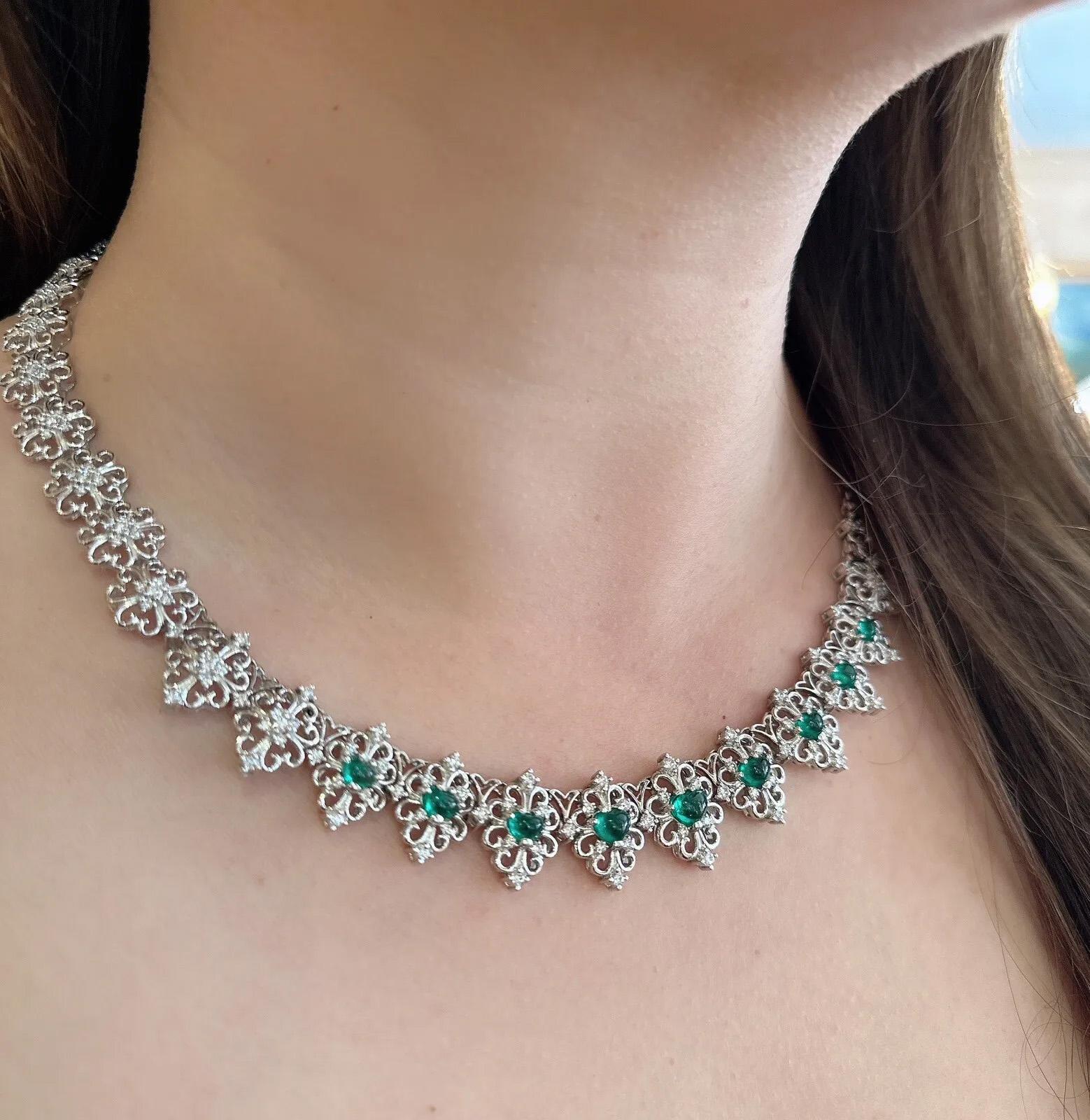Women's Emerald Heart Cabochon and Diamond Filigree Necklace in Platinum For Sale