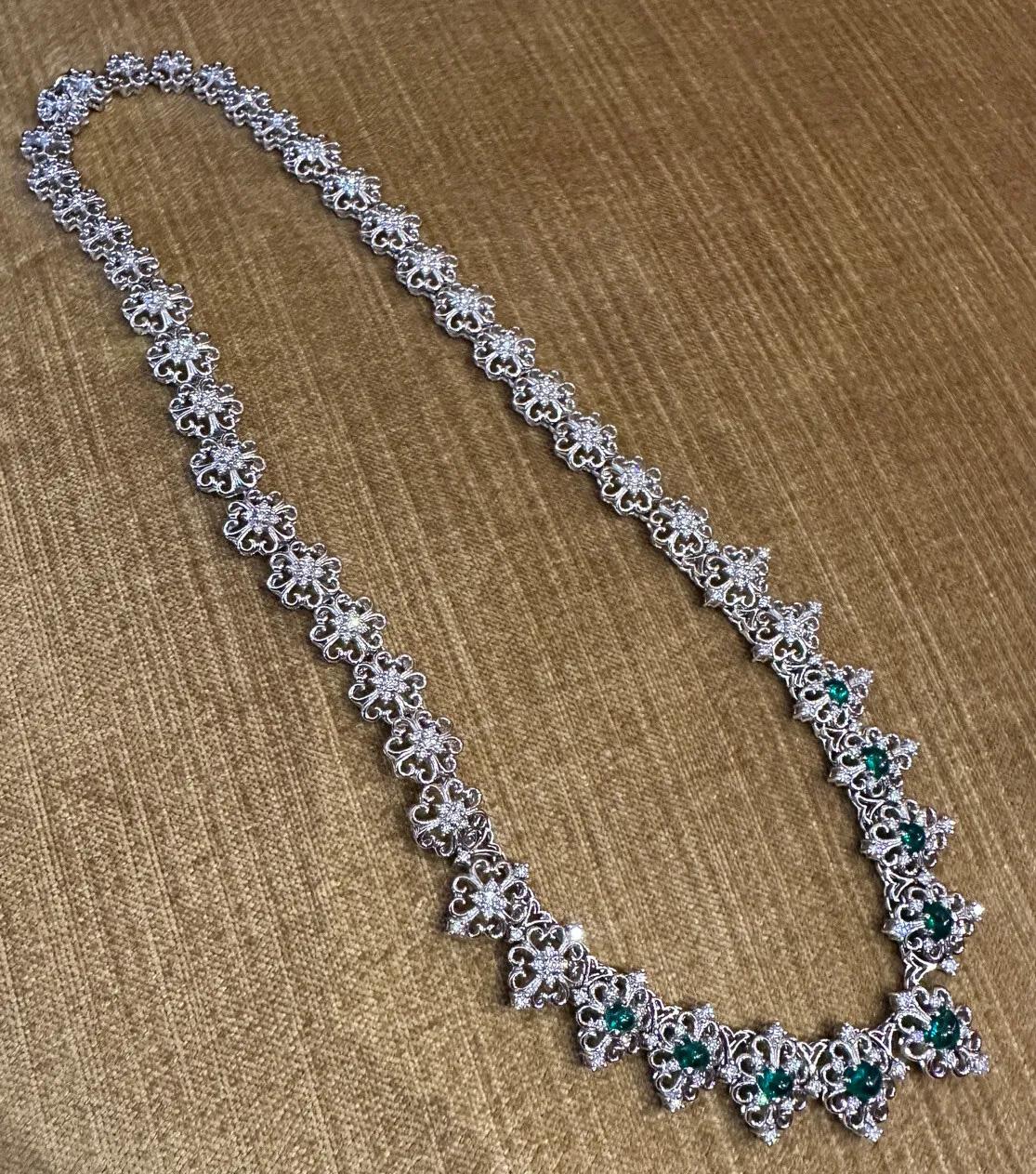 Emerald Heart Cabochon and Diamond Filigree Necklace in Platinum For Sale 1