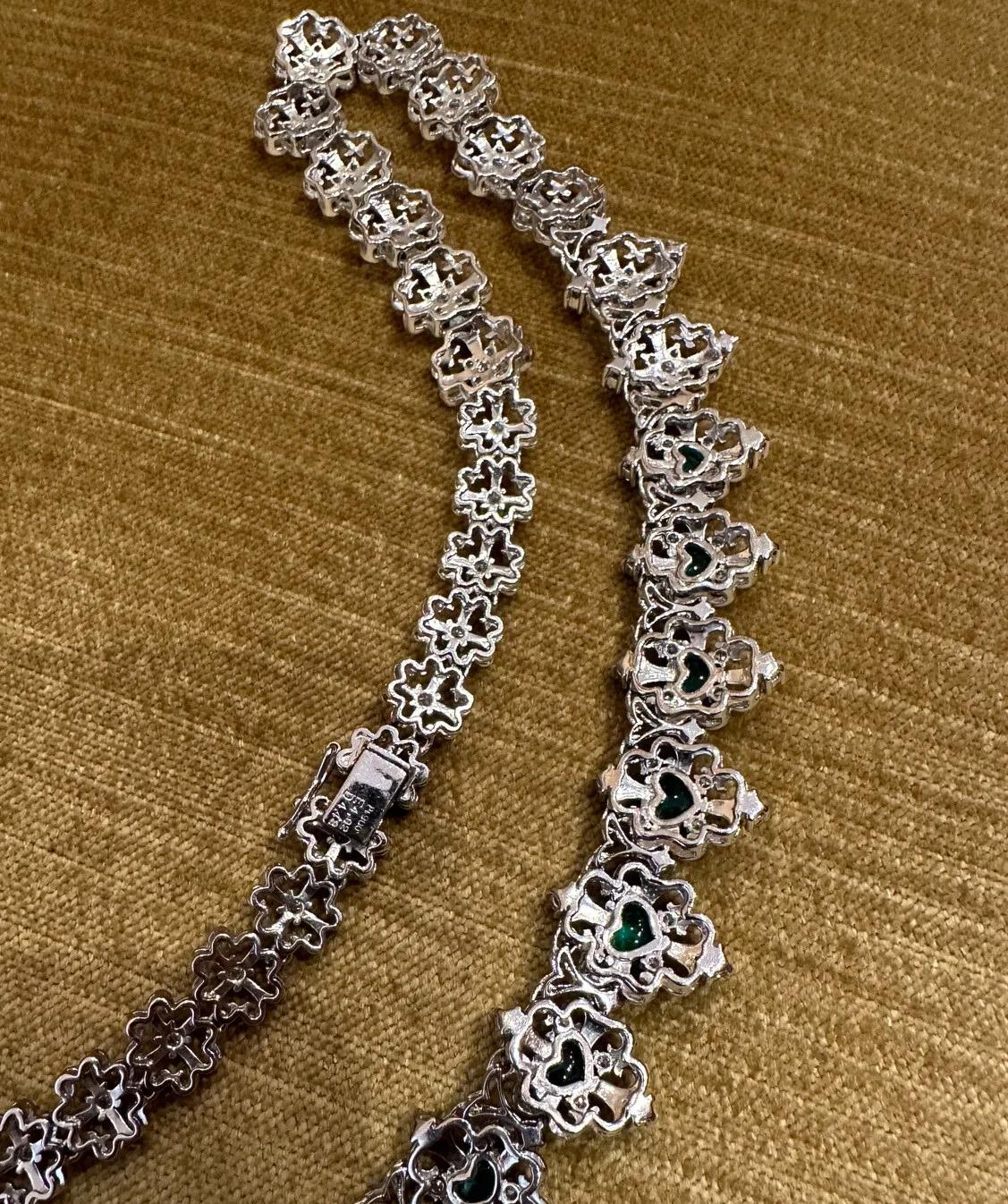 Emerald Heart Cabochon and Diamond Filigree Necklace in Platinum For Sale 3