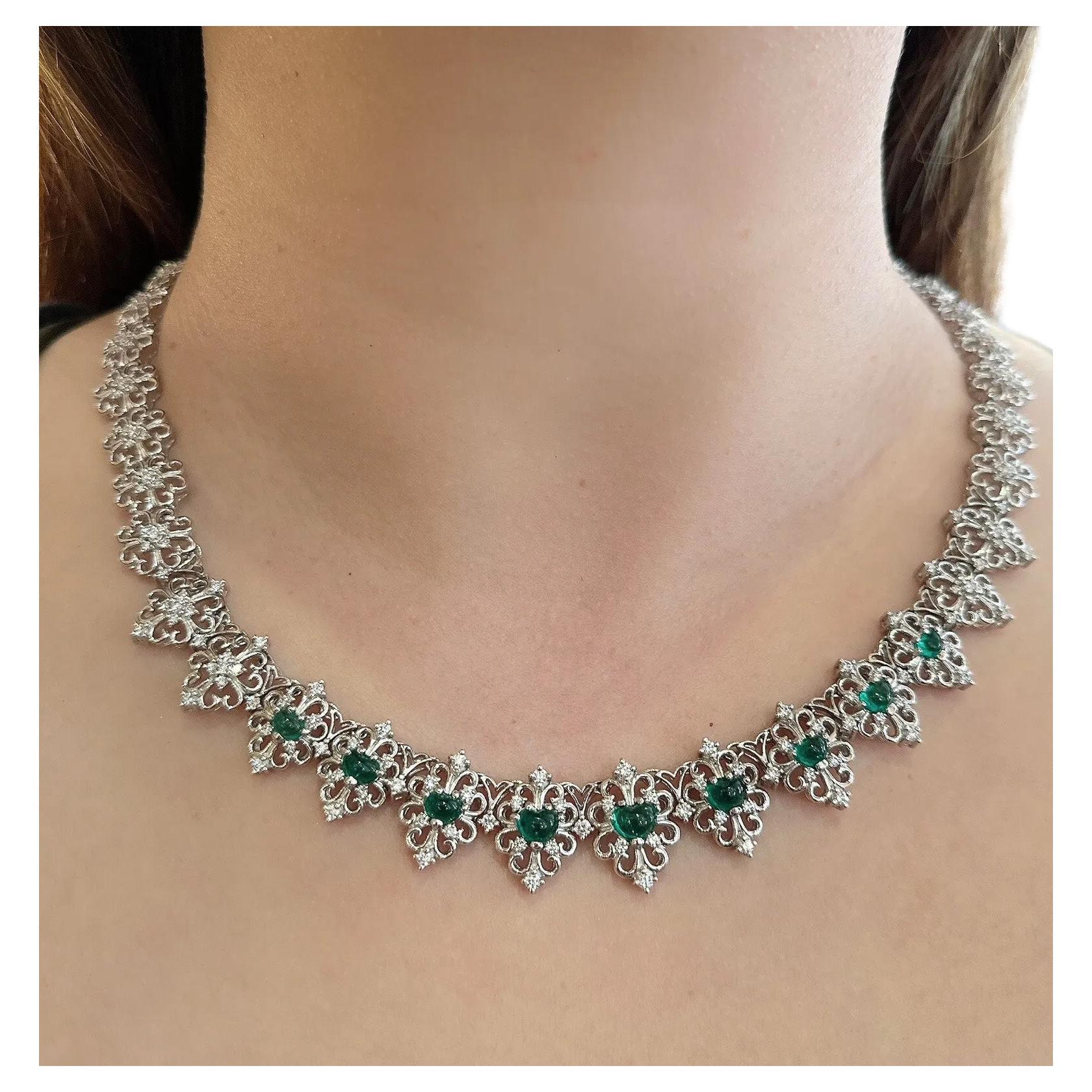 Emerald Heart Cabochon and Diamond Filigree Necklace in Platinum For Sale