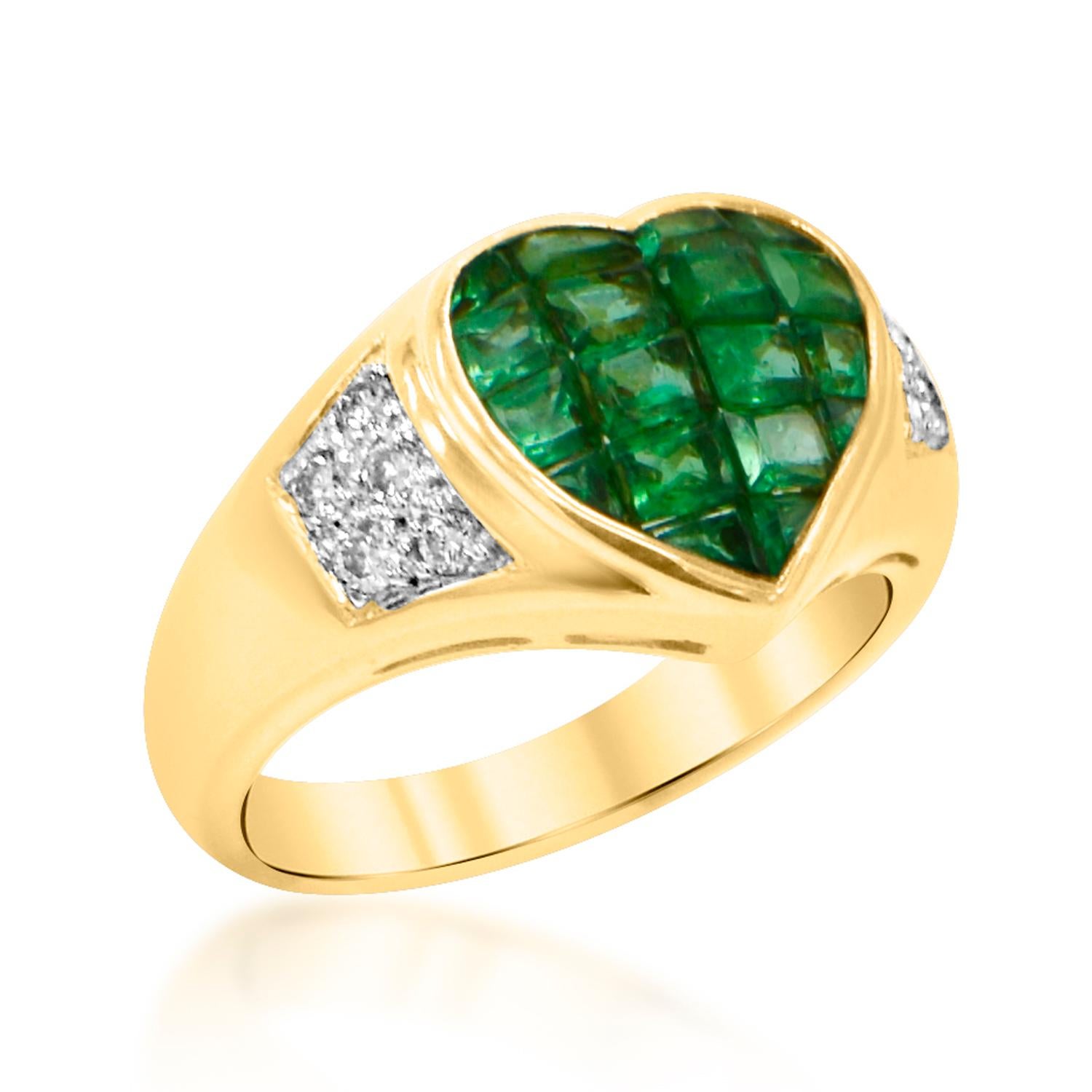 Emerald Heart Invisible Setting Ring & Diamond 18 Karat Gold For Sale 3
