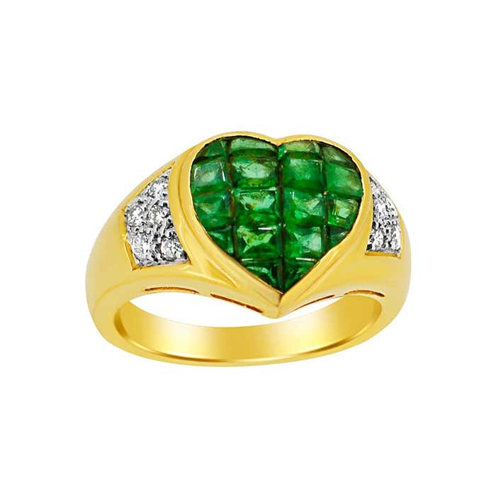 Emerald Heart Invisible Setting Ring and Diamond 18 Karat Gold For Sale ...