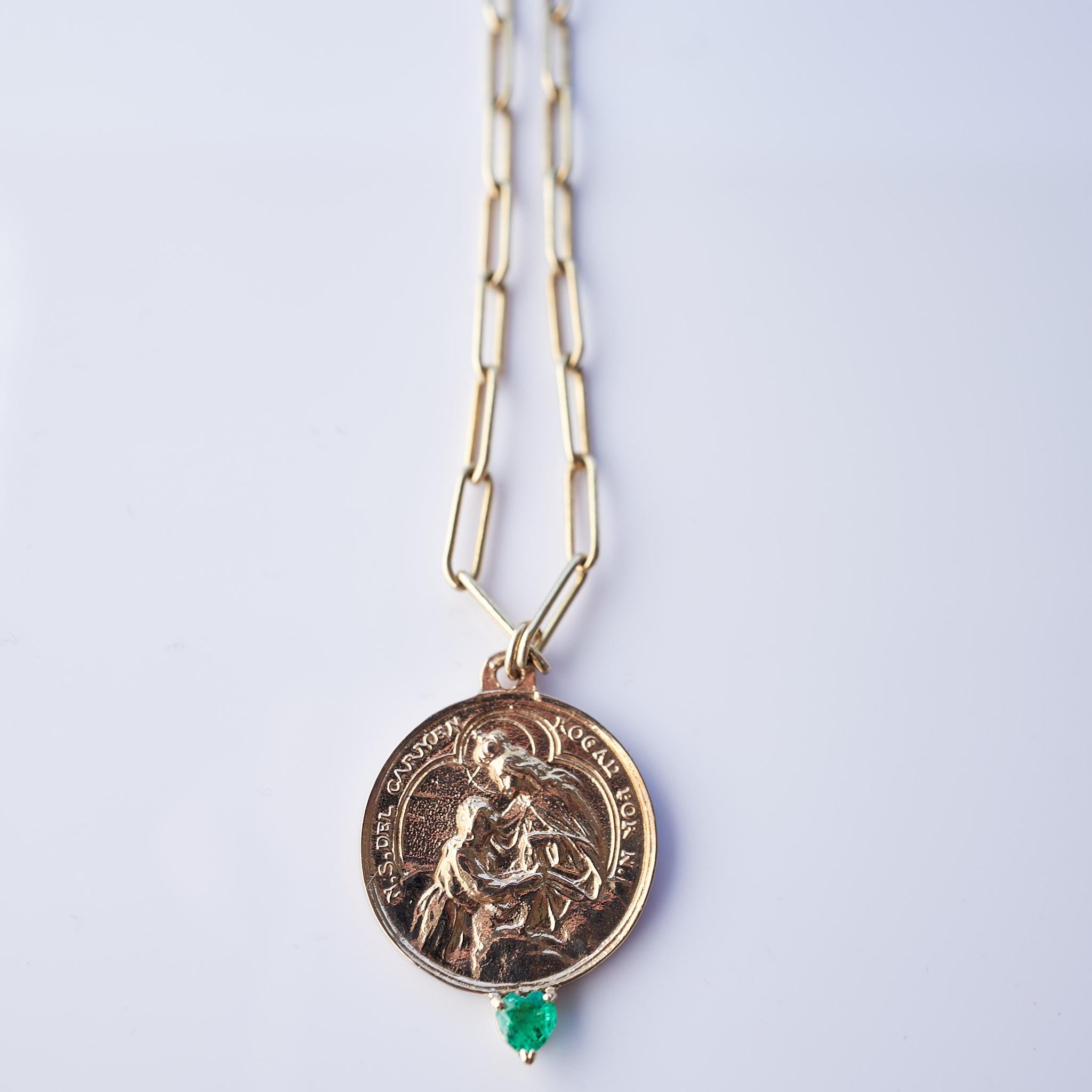 Emerald Heart Bronze Medal Necklace Chain Virgin del Carmen Pendant  28