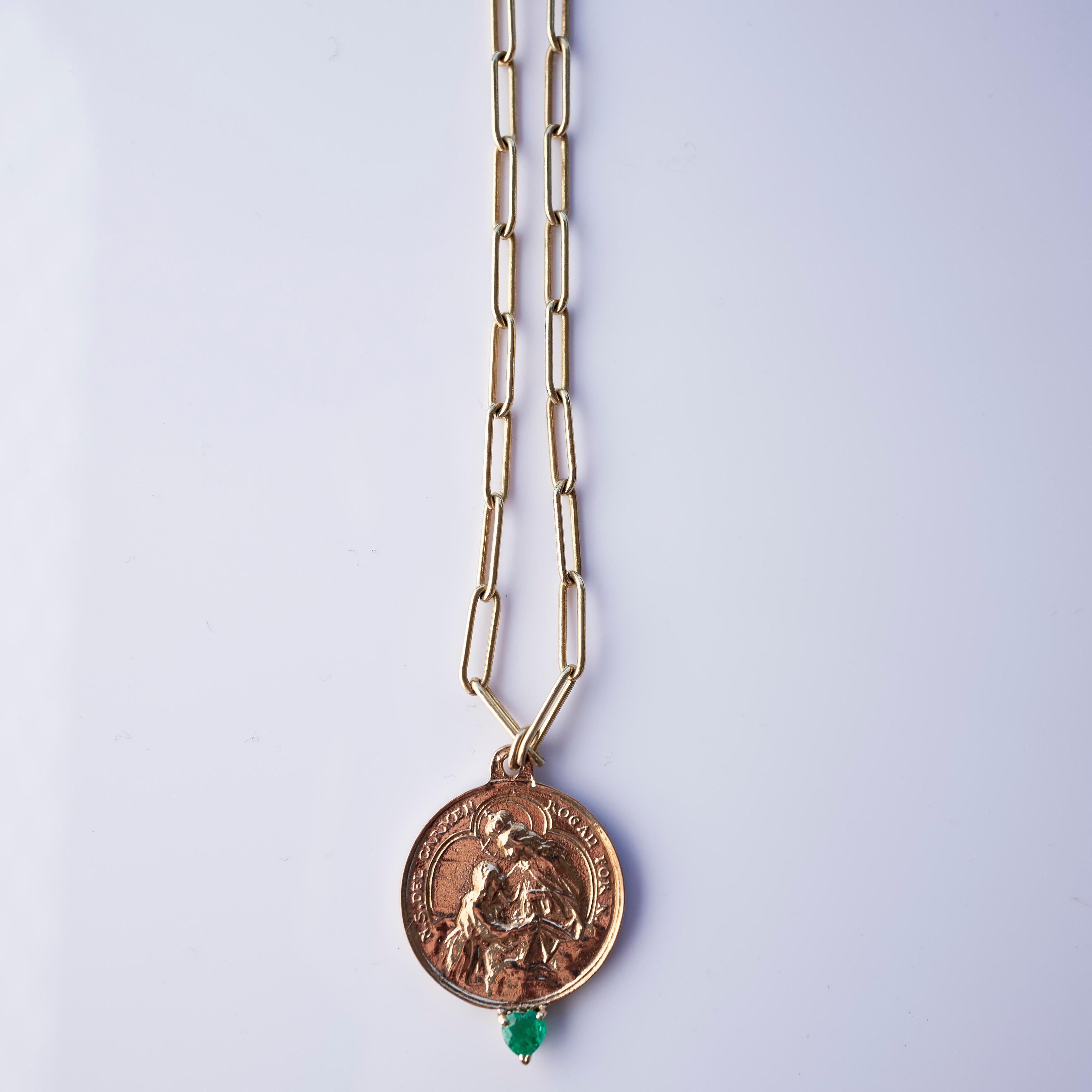 Victorian Emerald Heart Medal Necklace Chain Virgin del Carmen Pendant J Dauphin For Sale