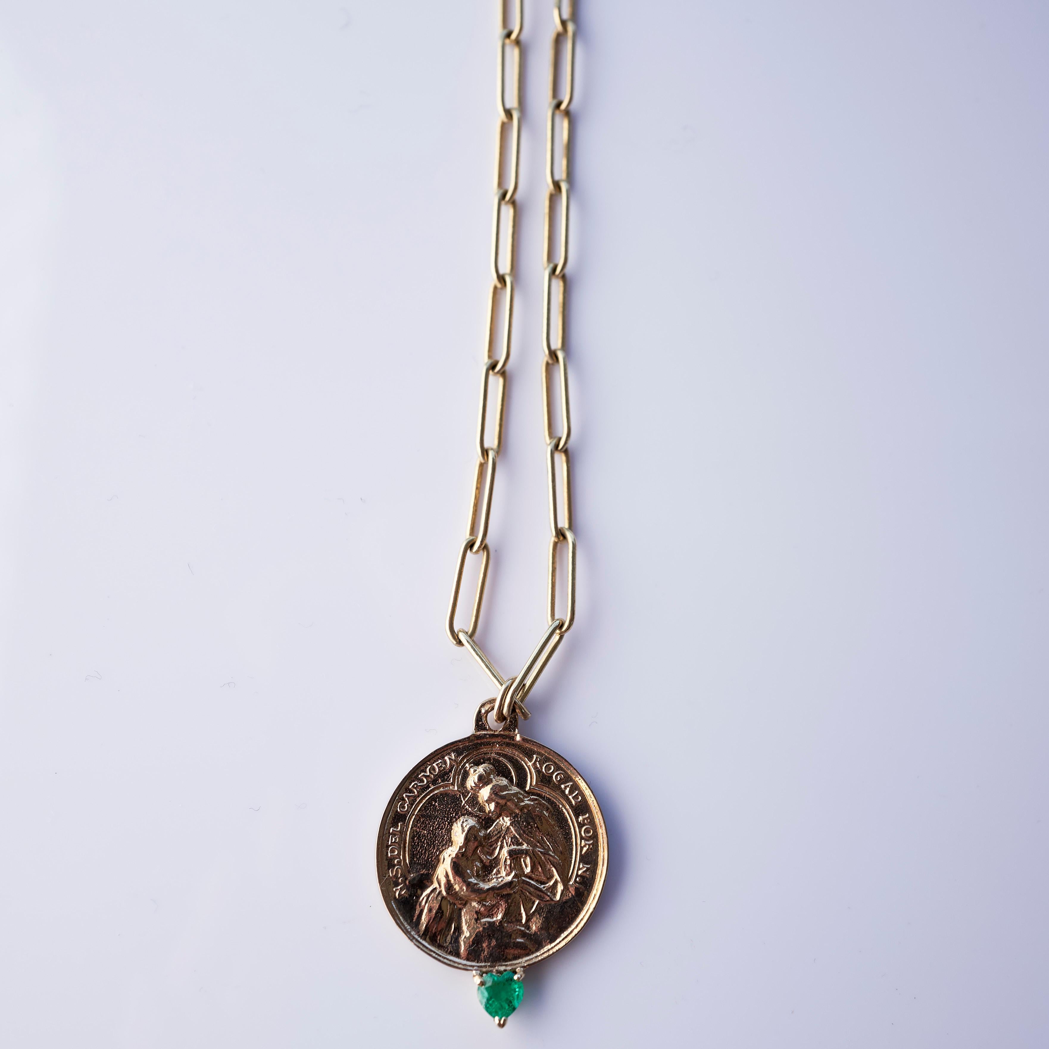 Heart Cut Emerald Heart Medal Necklace Chain Virgin del Carmen Pendant J Dauphin For Sale