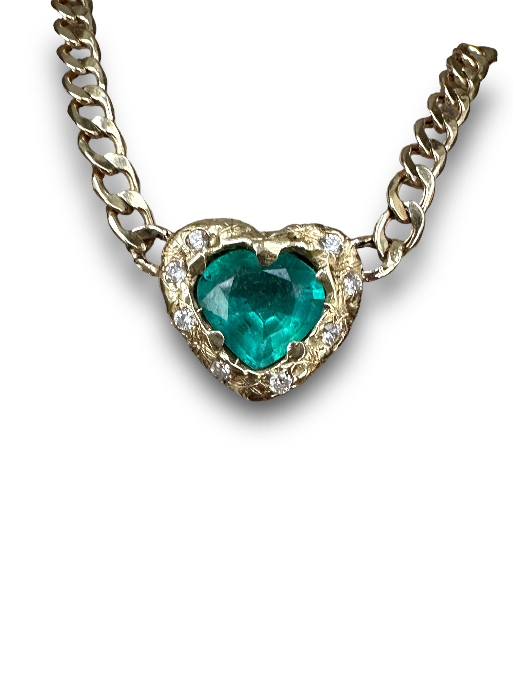 Emerald Heart Necklace and Choker with Diamonds on a Cuban Link Chain For Sale 5