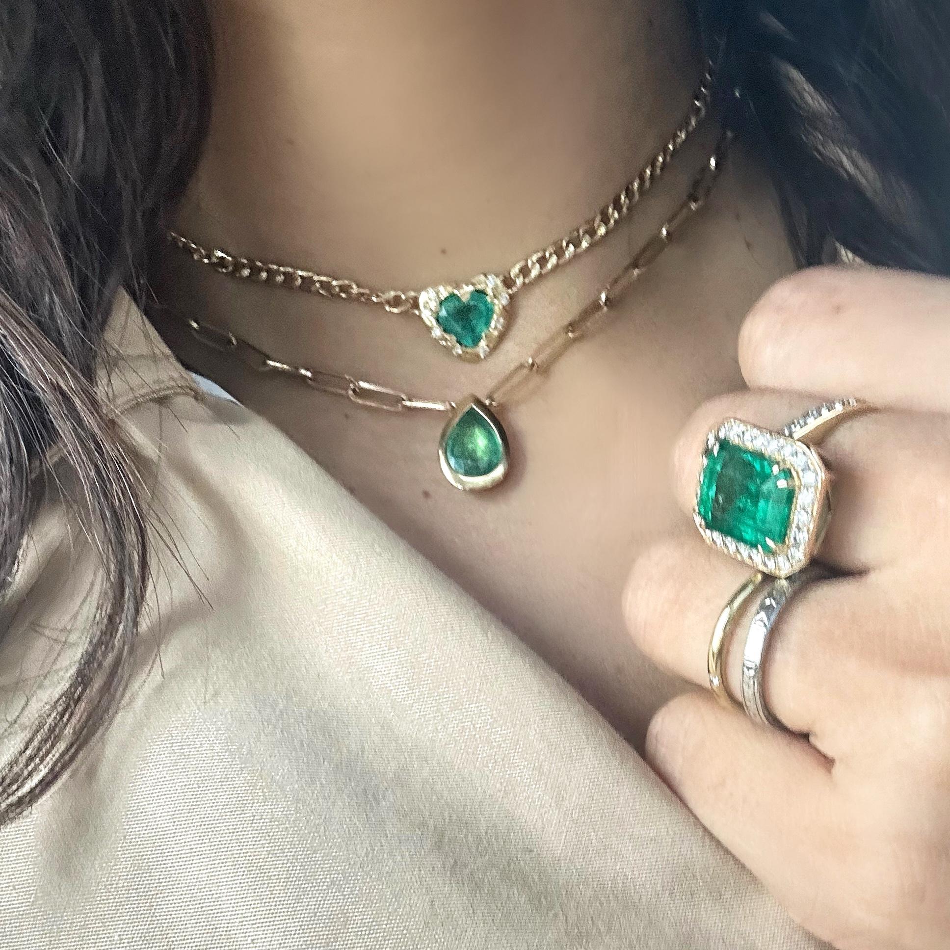 Modern Emerald Heart Necklace and Choker with Diamonds on a Cuban Link Chain For Sale