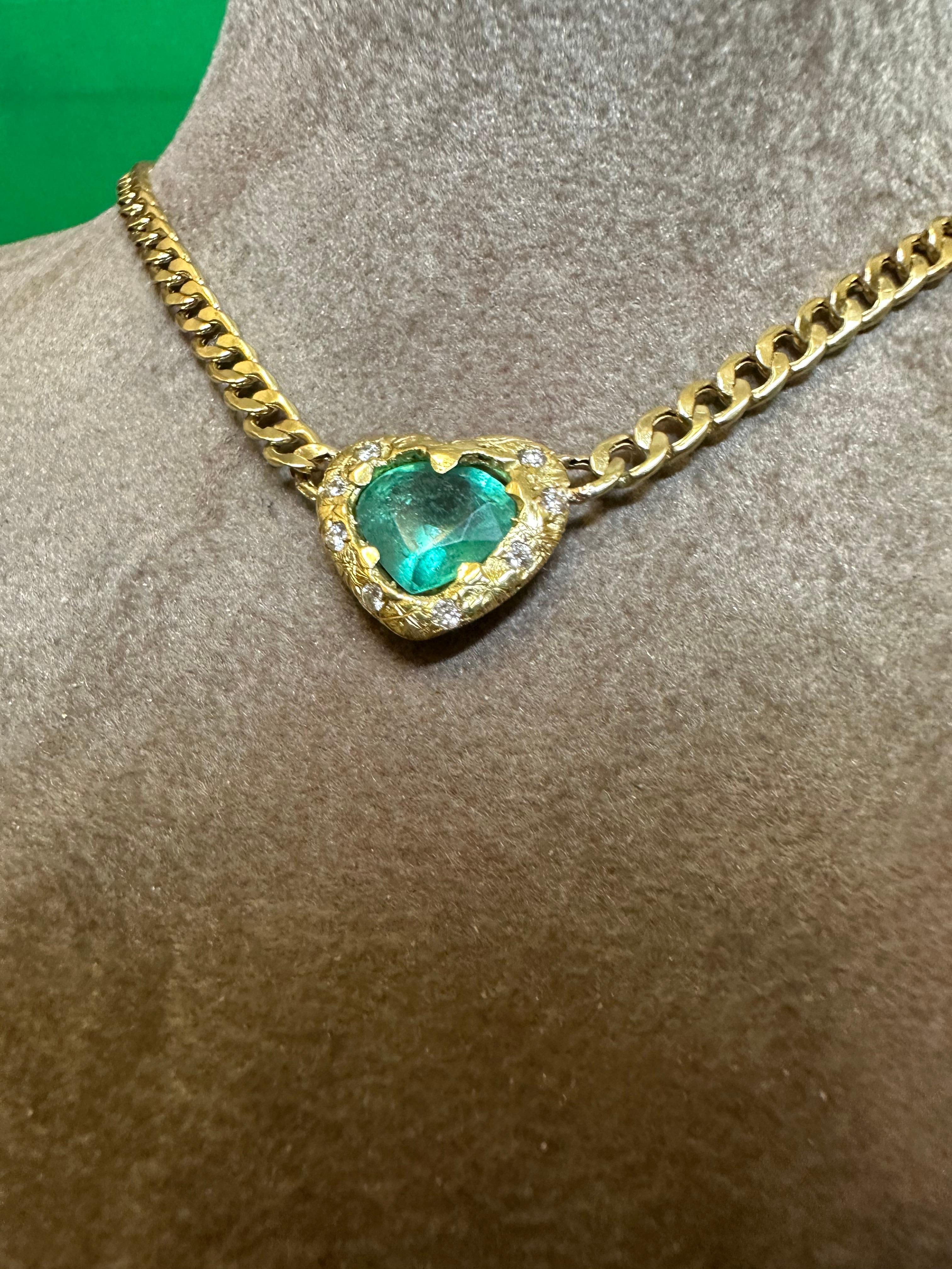 Heart Cut Emerald Heart Necklace and Choker with Diamonds on a Cuban Link Chain For Sale