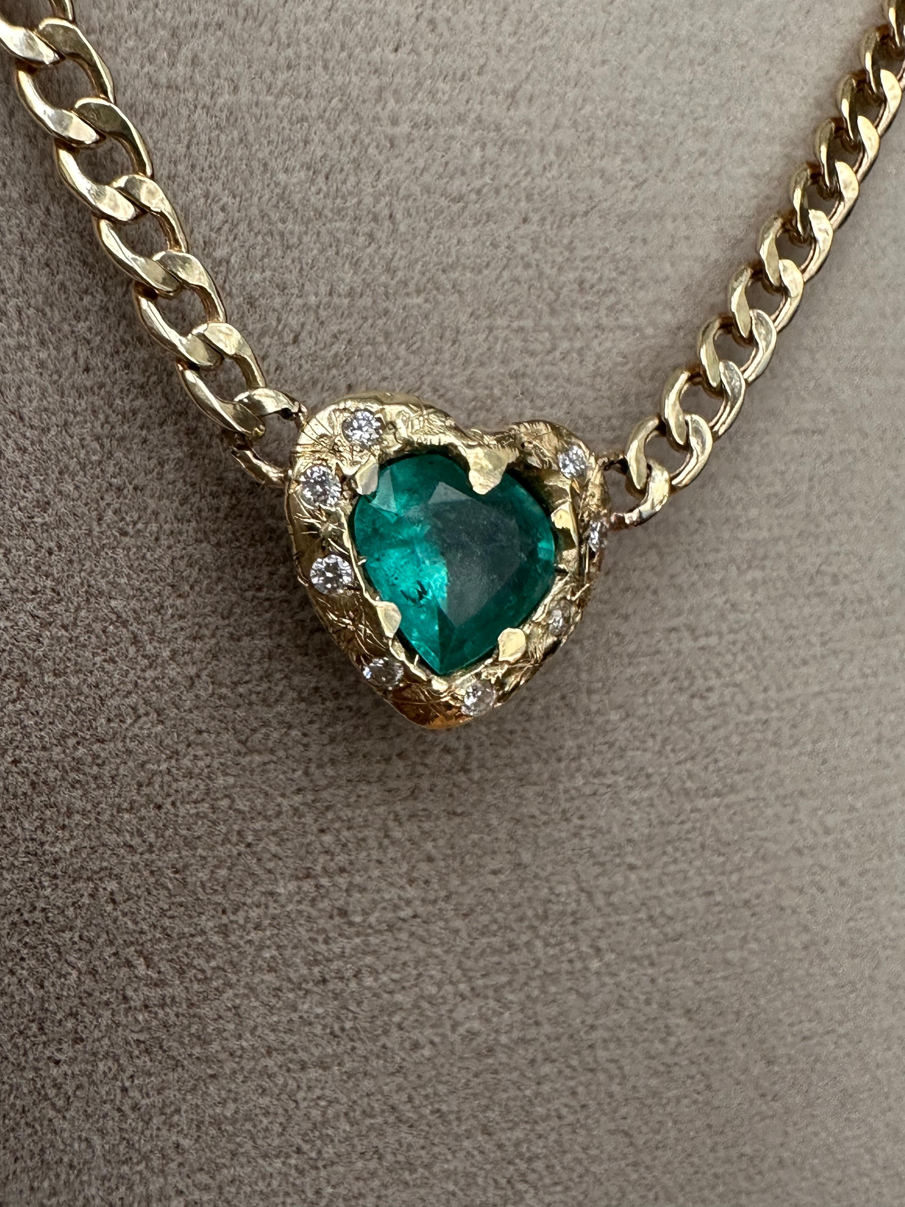 Emerald Heart Necklace and Choker with Diamonds on a Cuban Link Chain For Sale 1