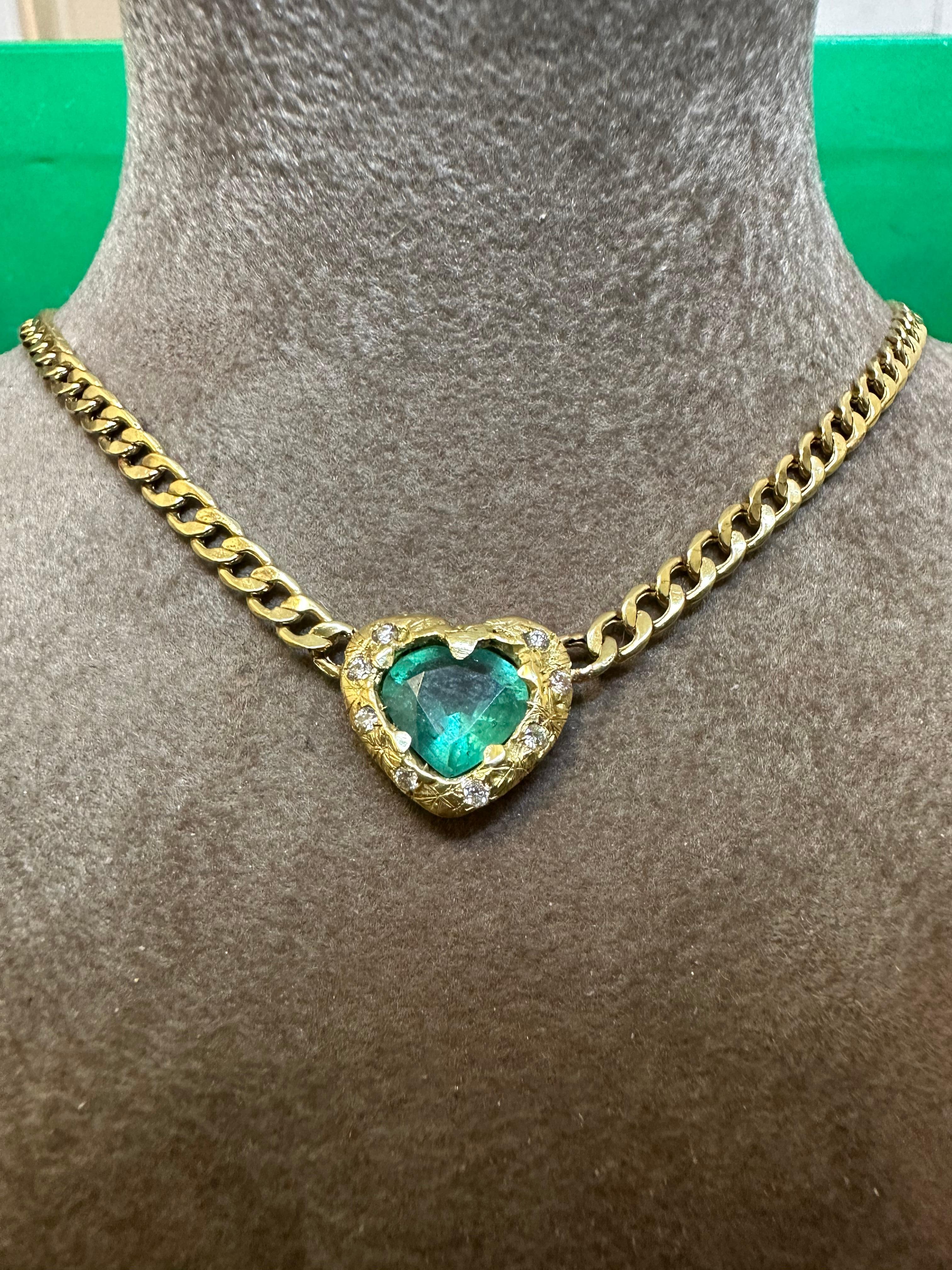 Emerald Heart Necklace and Choker with Diamonds on a Cuban Link Chain For Sale 2