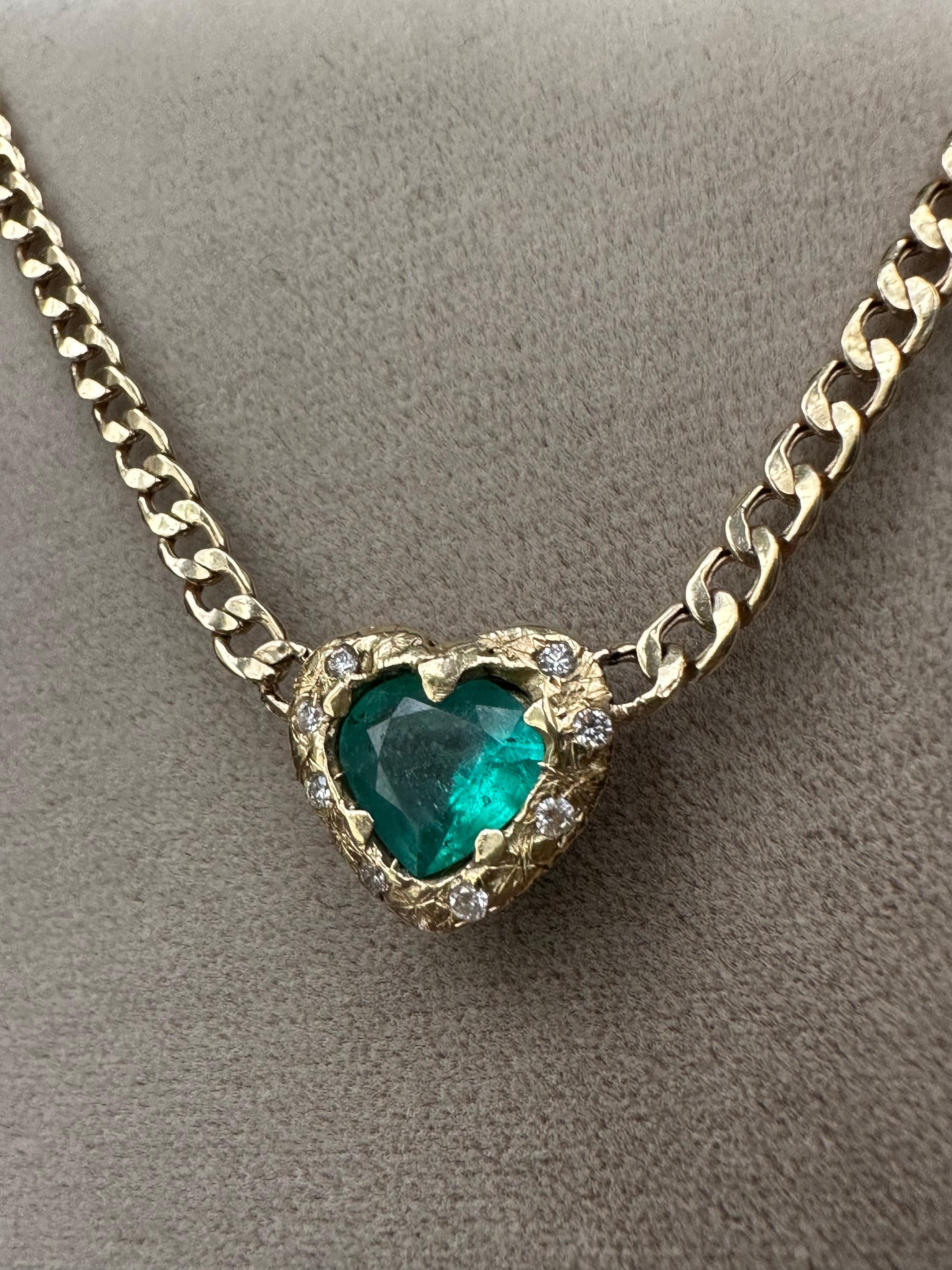 Emerald Heart Necklace and Choker with Diamonds on a Cuban Link Chain For Sale 3