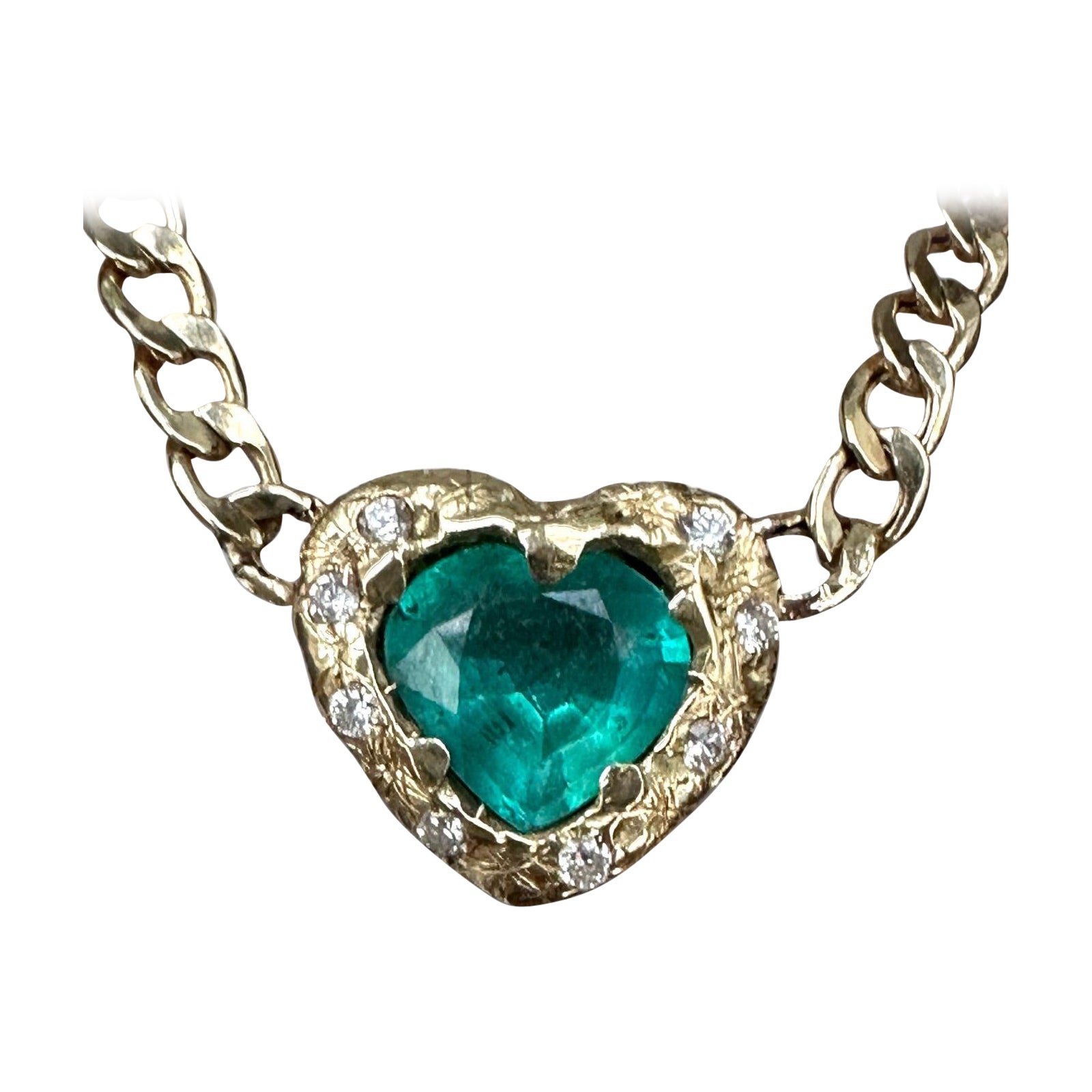Emerald Heart Necklace and Choker with Diamonds on a Cuban Link Chain For Sale