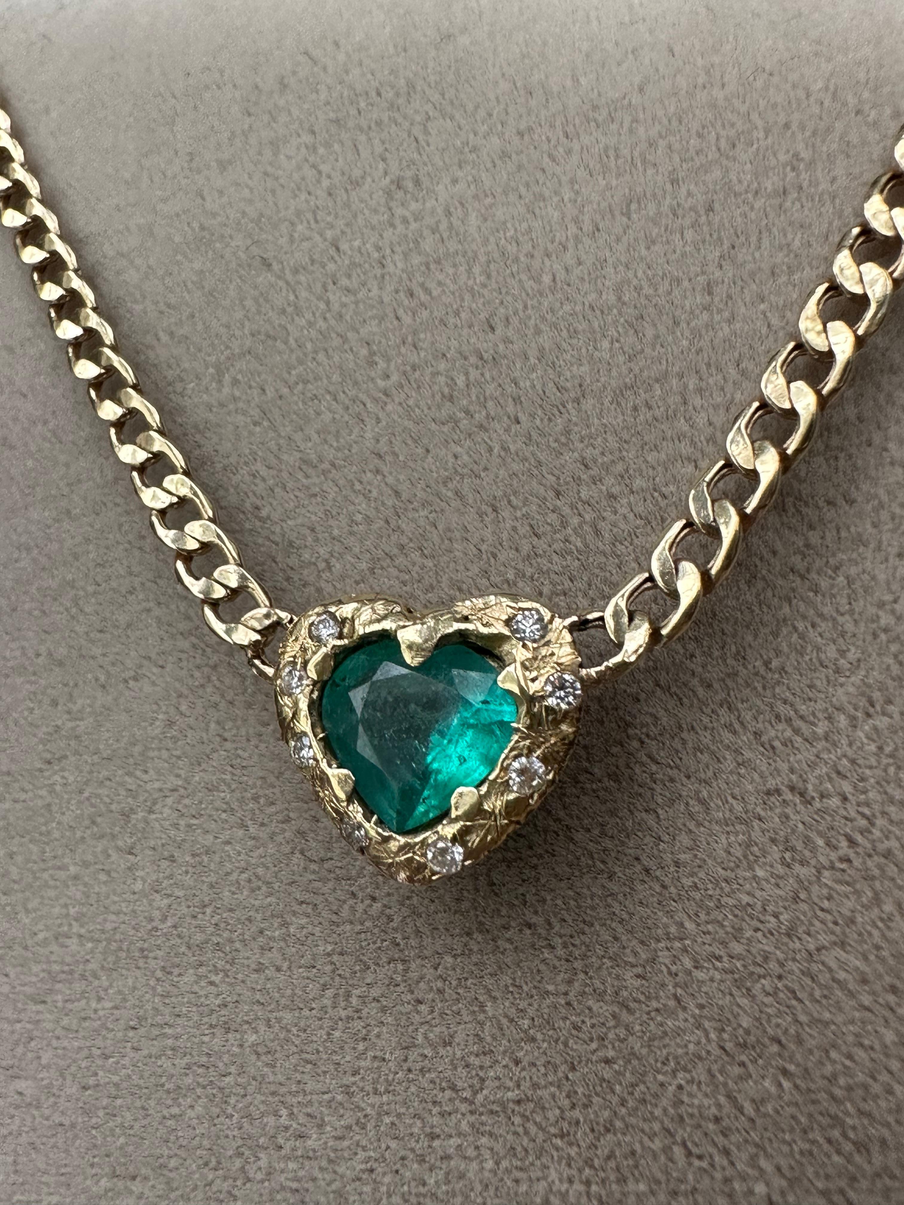 Emerald Heart Necklace and Choker with Diamonds on a Cuban Link Chain One of For Sale 4