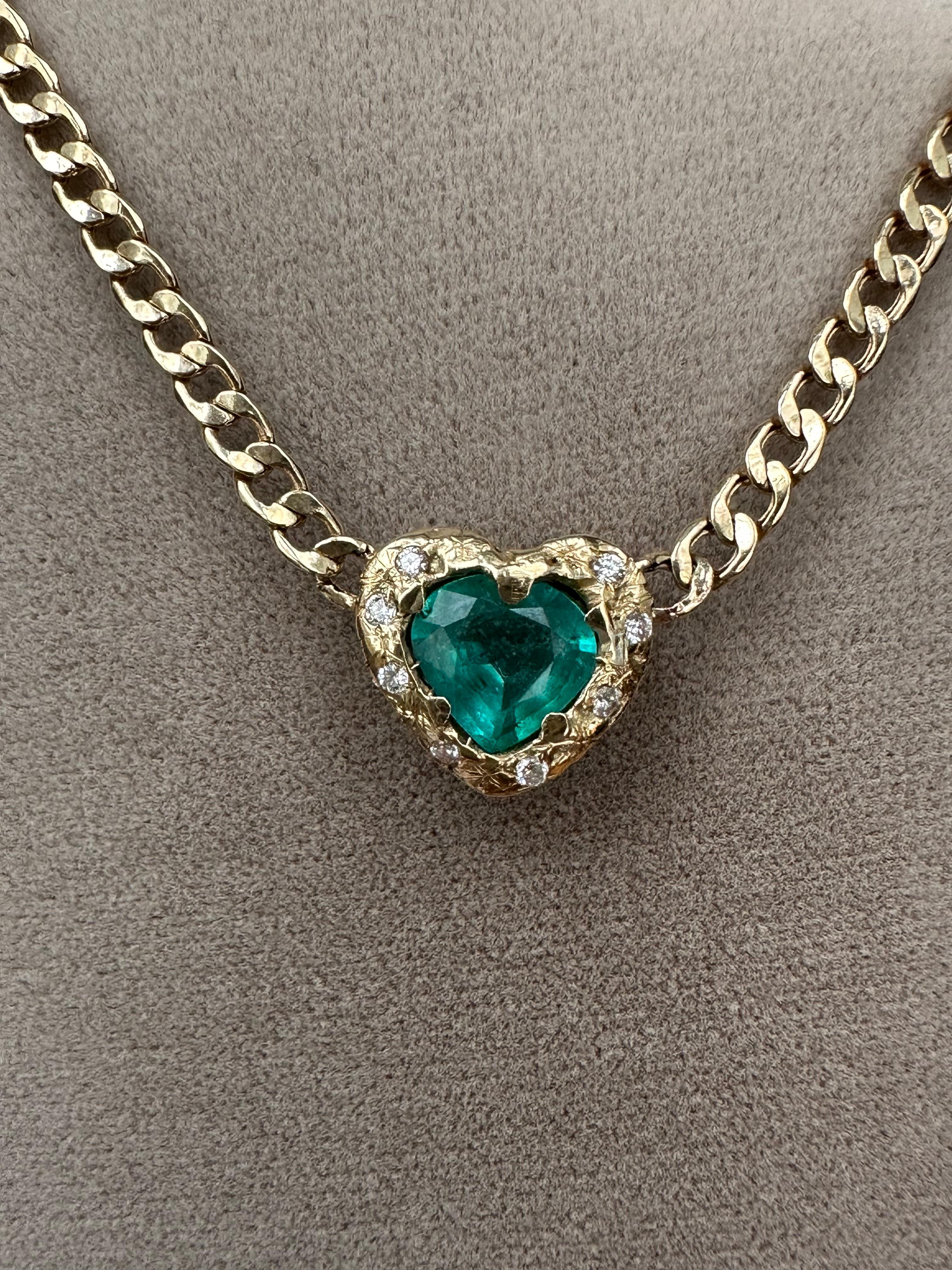 Emerald Heart Necklace and Choker with Diamonds on a Cuban Link Chain One of For Sale 5