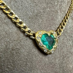 Emerald Heart Necklace and Choker with Diamonds on a Cuban Link Chain One of