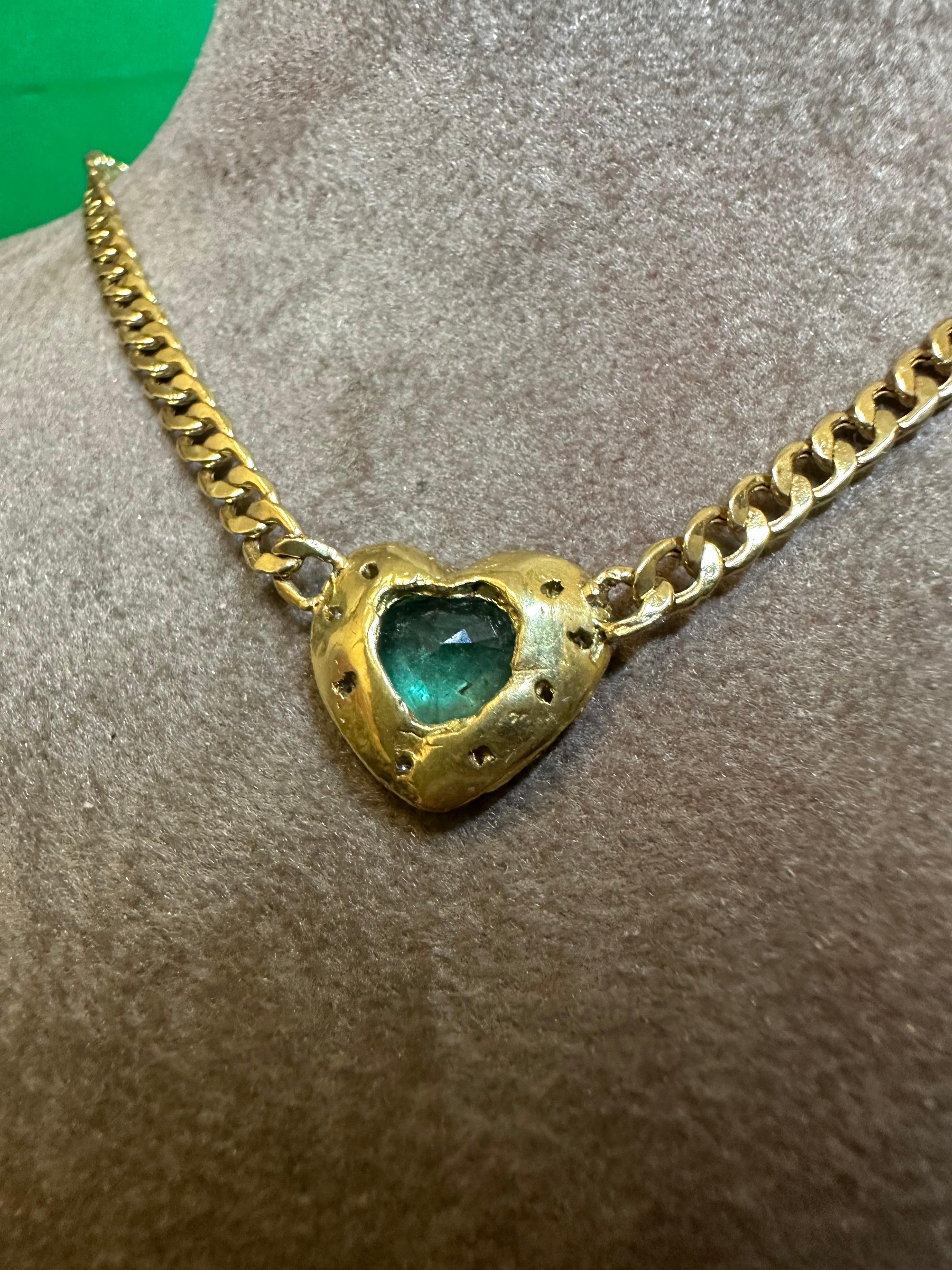 Women's Emerald Heart Necklace and Choker with Diamonds on a Cuban Link Chain One of For Sale