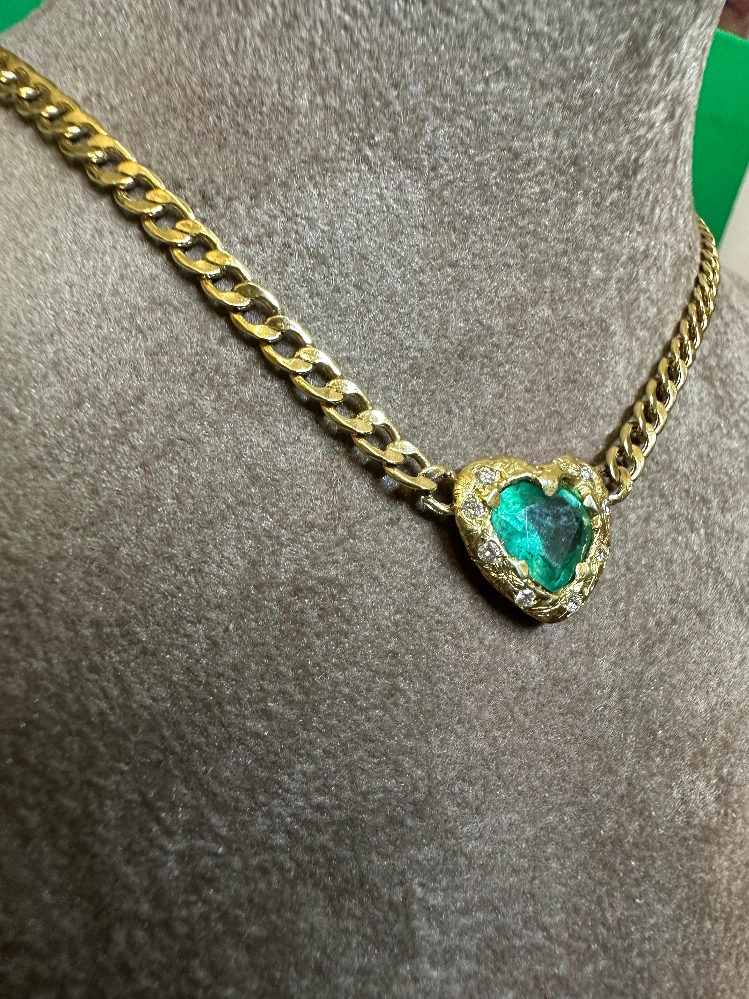 Emerald Heart Necklace and Choker with Diamonds on a Cuban Link Chain One of For Sale 1