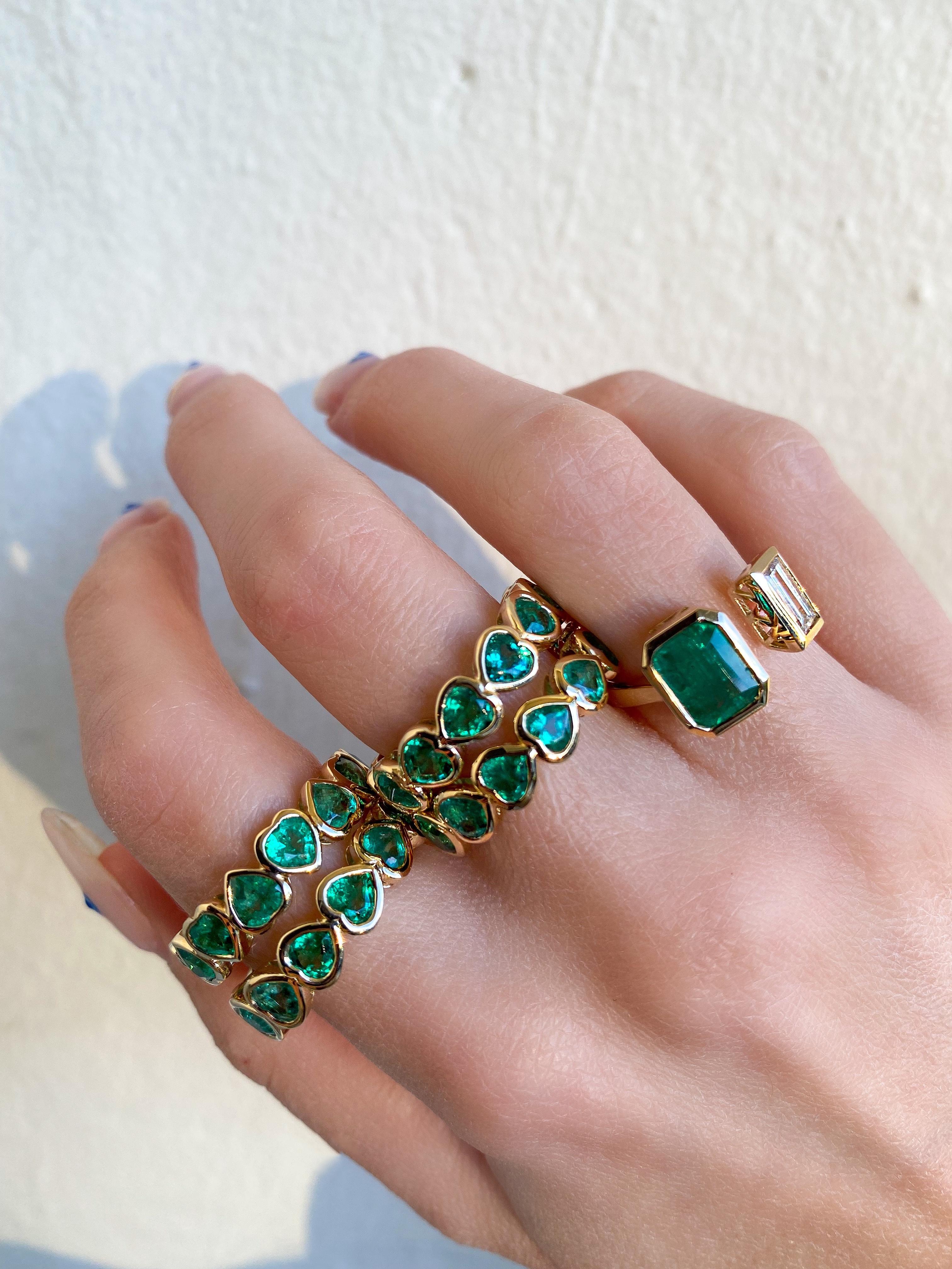 - 3.63 cts of emeralds on average. 
- Size 6-6.5 available
- 14k and 18k yellow gold available