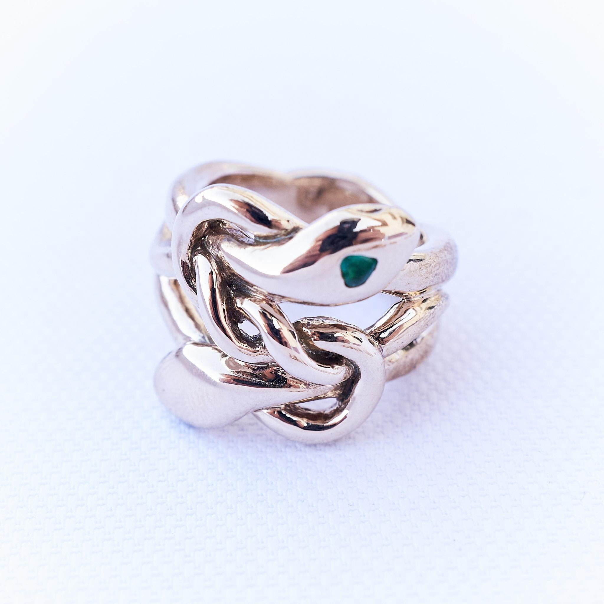 Emerald Heart Snake Ring Cocktail Ring Bronze J Dauphin In New Condition For Sale In Los Angeles, CA